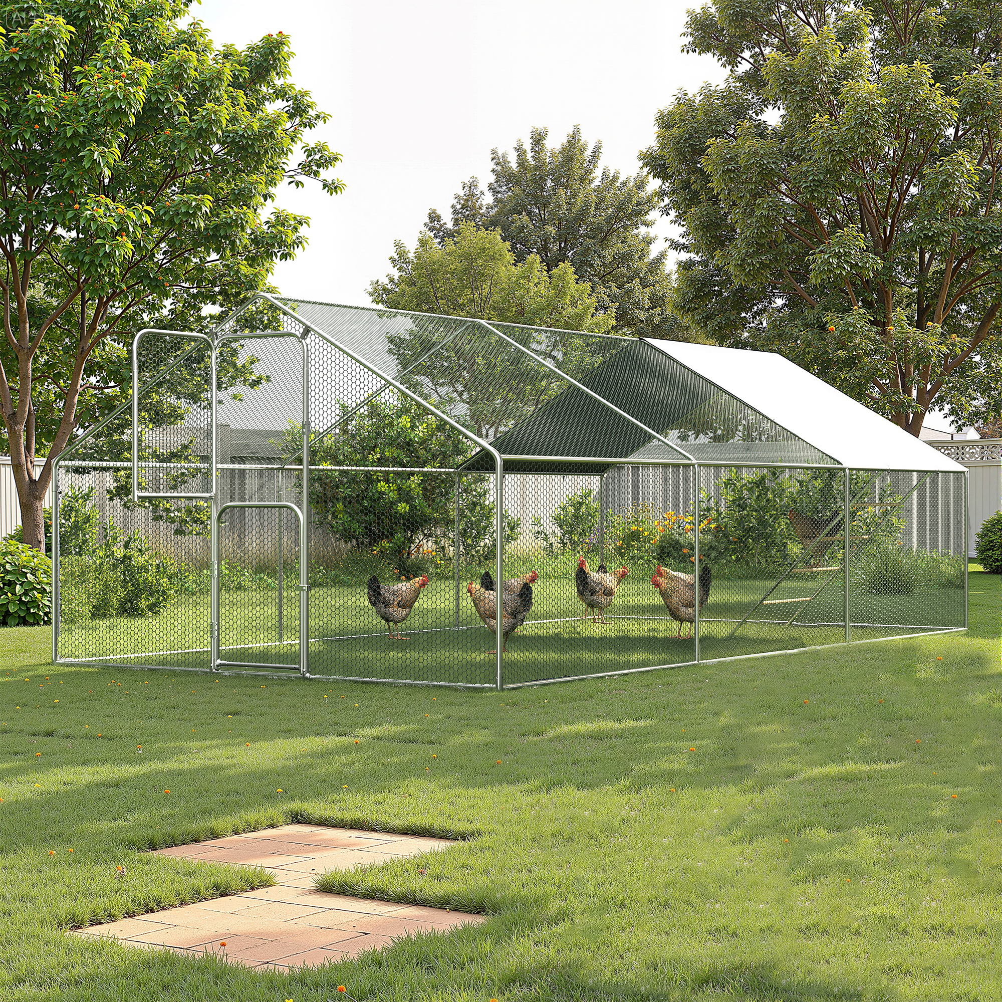UPDATIO Large Metal Chicken Coop Walk In with Roosting Perch — Heavy-Duty Outdoor Poultry Pen with Protective Cover, Predator-Proof & Weather-Resistant  for 25-35 Chickens,18*10*6 FT