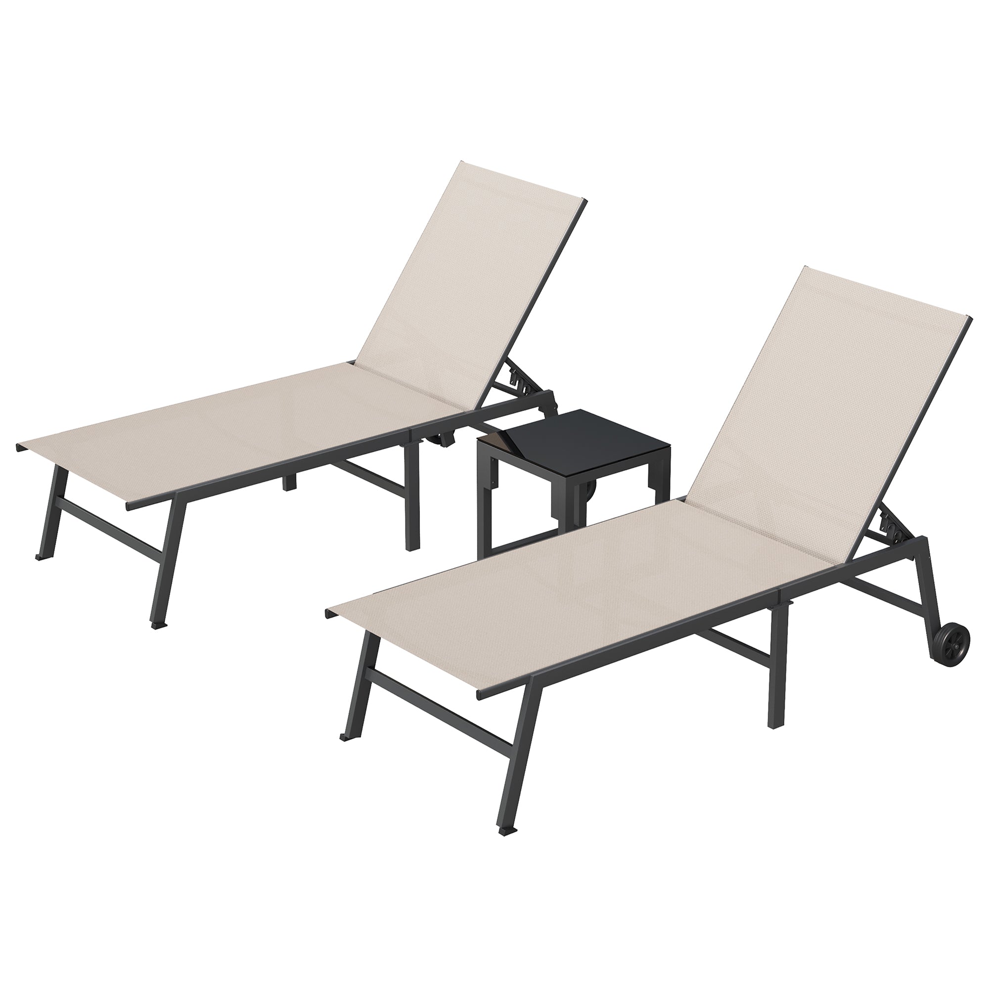 Outdoor Chaise Lounge Chair Set of 2 with Table Pool Lounge Chairs for Outside, Adjustable Lounger for Poolside Lawn Deck Lay Flat Sunbathing Backrest for Patio, Beach, Yard(Brown)