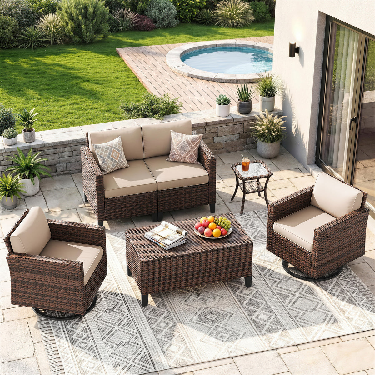 UDPATIO Patio Furniture Set, 6 Pieces Outdoor Furniture Sets with Rocking Swivel Chairs, Wicker Rattan Outdoor Conversation Set with Storage Table and Waterproof Covers for Backyard, Deck, Porch