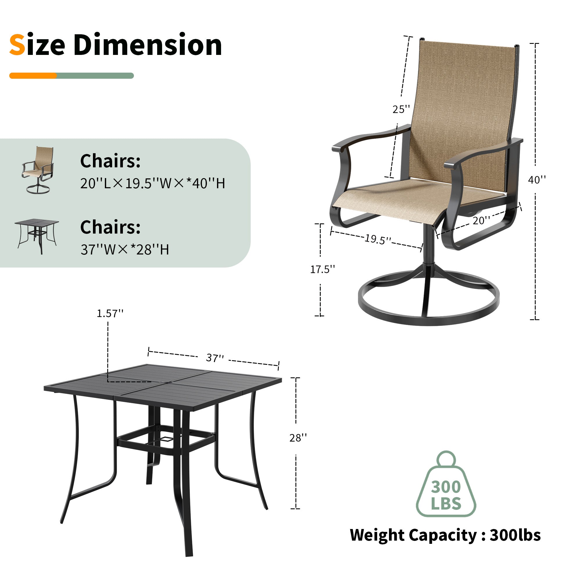 UDPATIO 5 Piece Outdoor Patio Dining Set with 37" Square Table & 4 Outdoor Swivel Rocker Dining Chairs with All Weather, Outdoor Table and Chairs Set, Patio Furniture Set Outdoor Dining Sets for Lawn