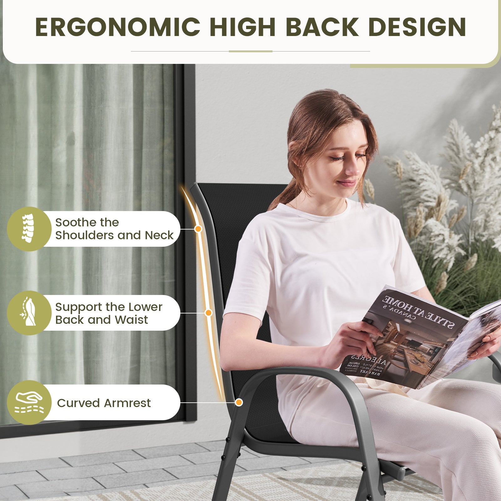 UDPATIO Patio Chairs Set of 4, Stackable Outdoor Dining Chairs with High Back, Breathable Textilene Fabric Outdoor Chair All Weather, 350LBS Capacity for Garden, Backyard (Black)