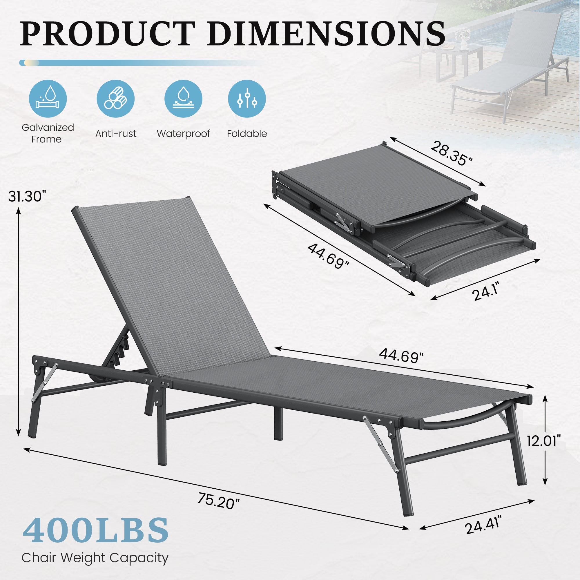 Outdoor Foldable Lounge Chair Set of 2 with Table Pool Lounge Chairs for Outside, Adjustable Lounger for Poolside Lawn Deck Lay Flat Sunbathing Backrest for Patio, Beach, Yard(Grey)