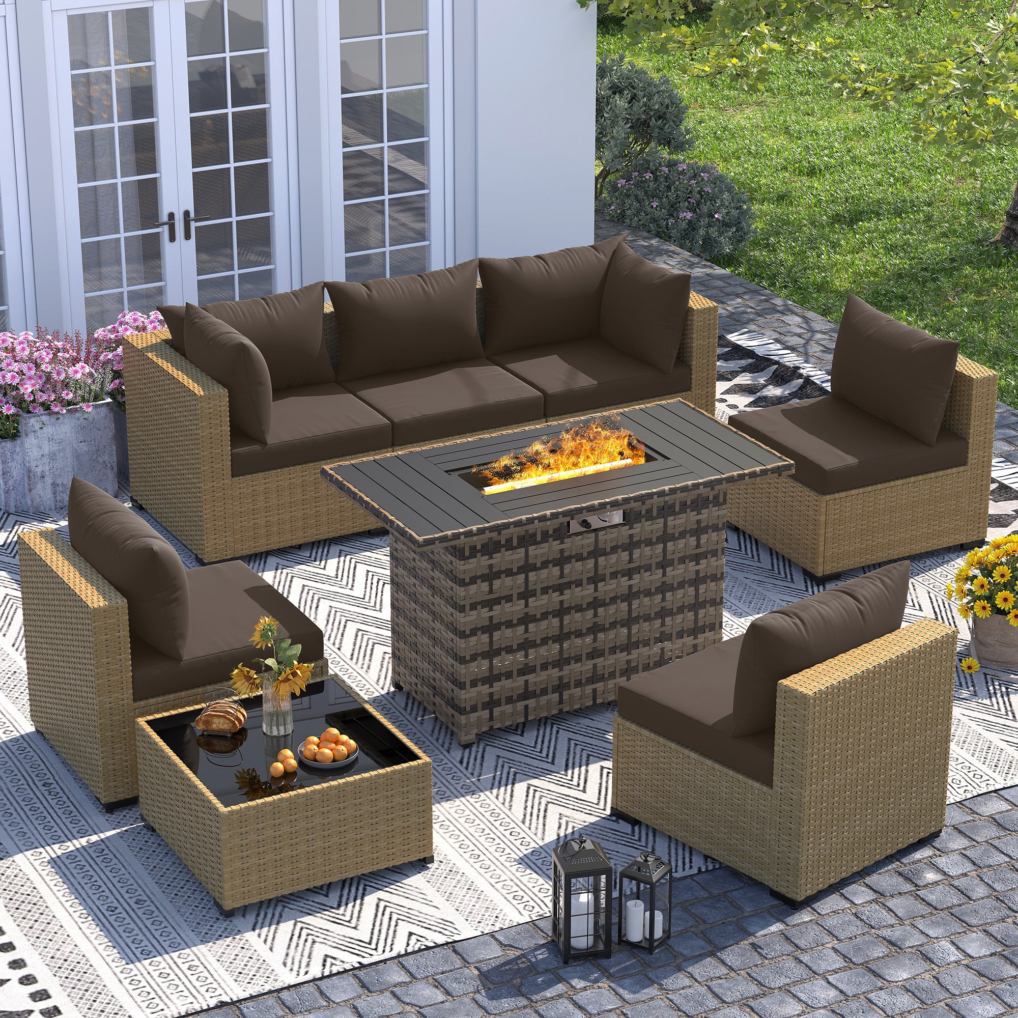 UDPATIO Furniture Set with Fire Pit Table, 8 Piece Sectional Sofas, All-Weather Wicker Conversation for Garden, Backyard, Brown