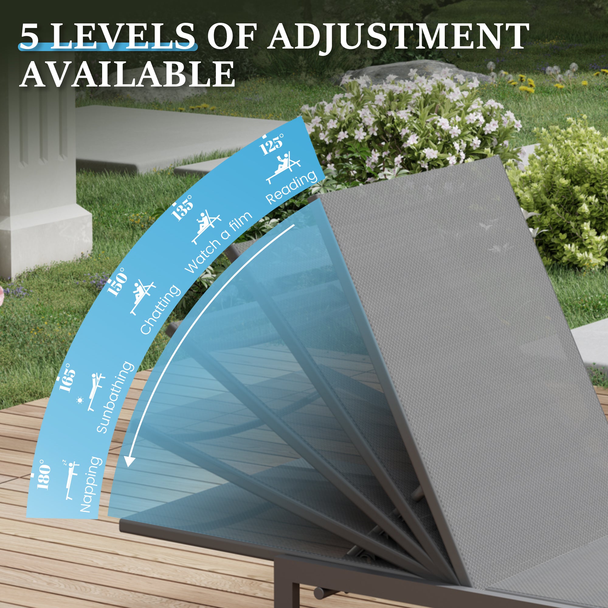 Outdoor Lounge Chair Pool Chaise Chairs Adjustable Patio Lounger for Poolside Lawn Lay Flat Sunbathing Backrest for Deck, Beach, Yard(Grey)