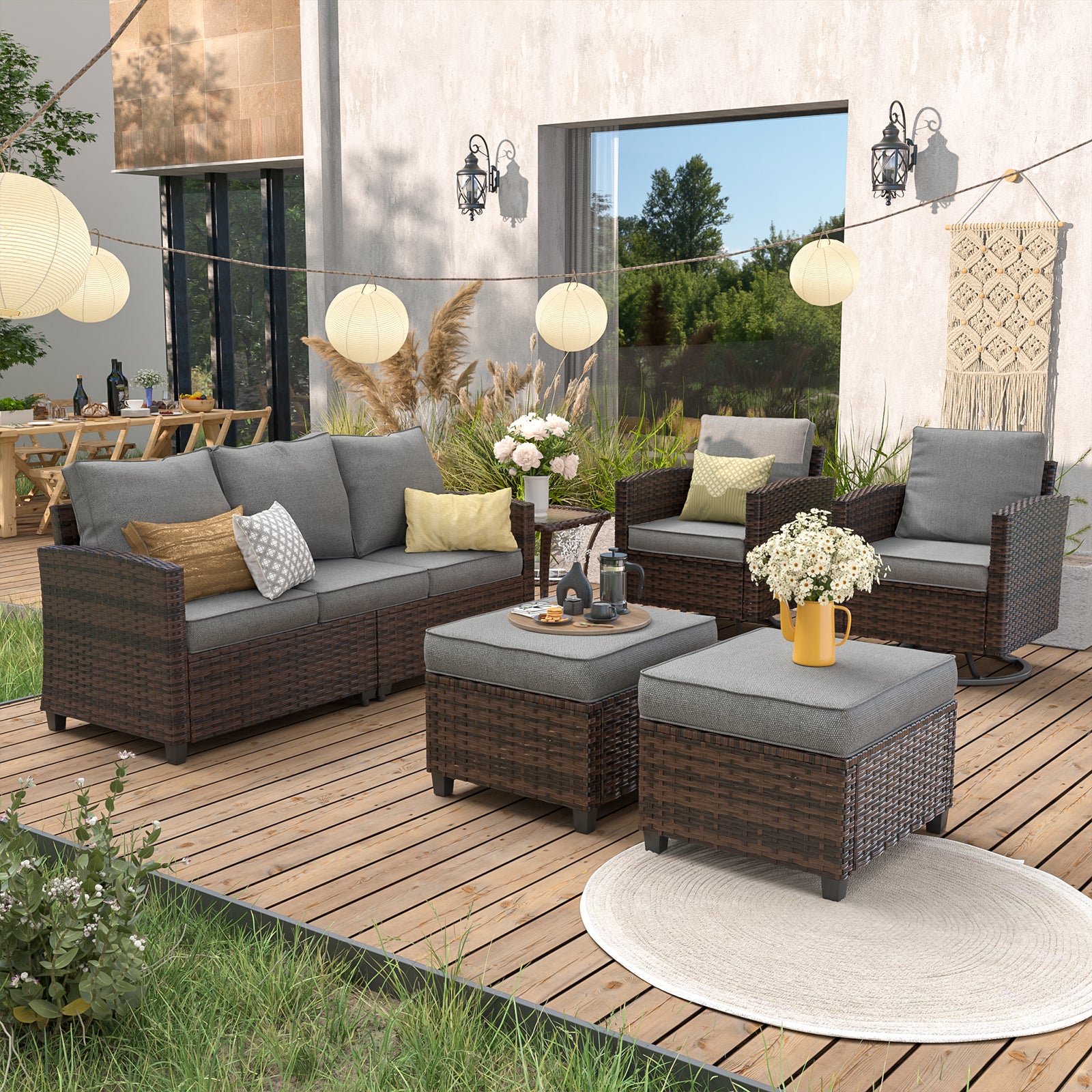UDPATIO Patio Furniture Set with Swivel Rocking Chair, 6 Pcs Outdoor Couch