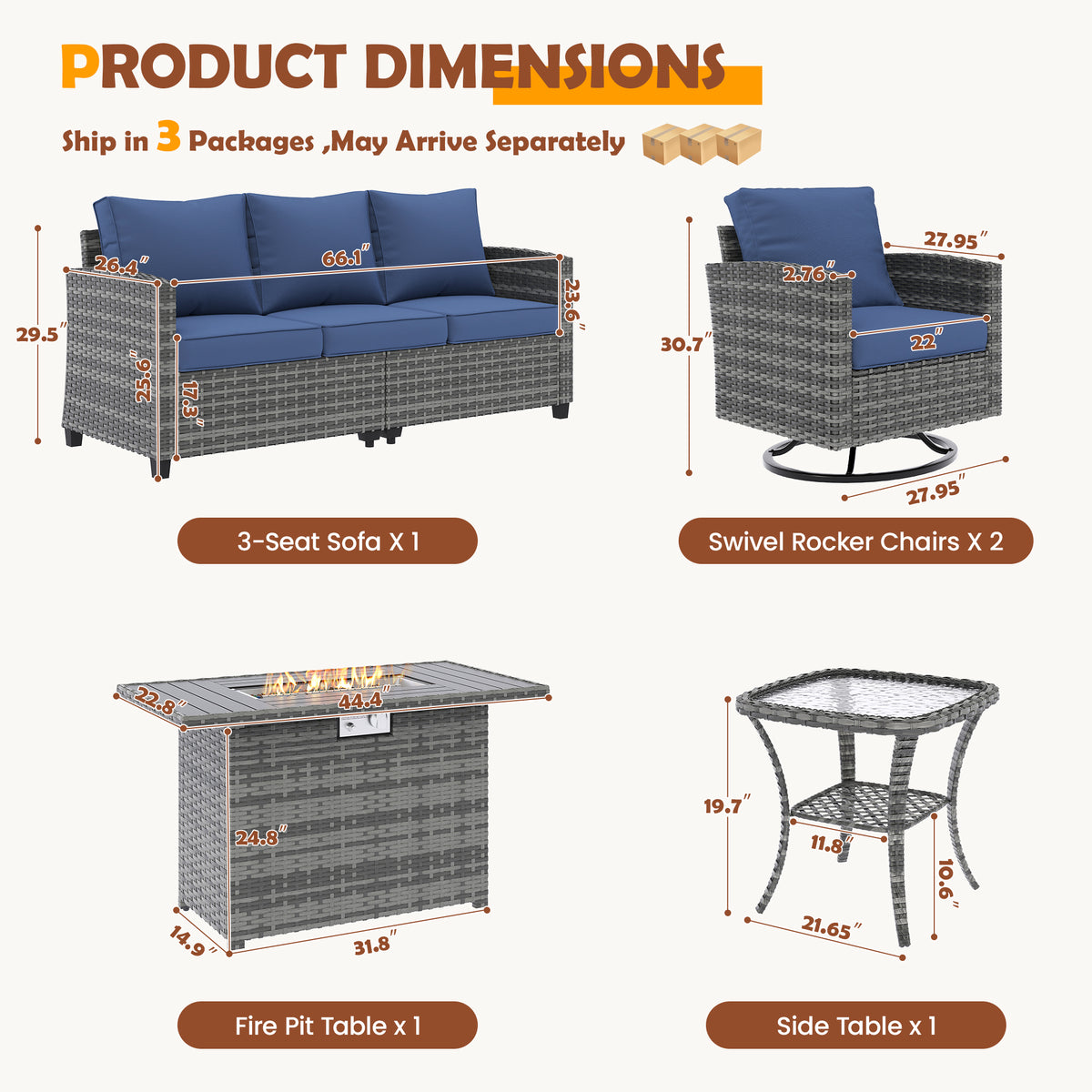 UDPATIO Patio Furniture Set with Swivel Rocking Chair 44" Fire Pit Table