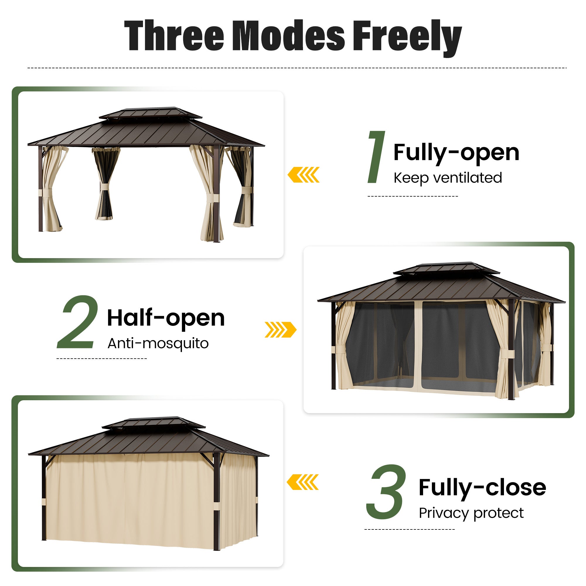UDPATIO 12x16 Hardtop Gazebo, Aluminum Frame with Double Galvanized Steel Roof, Hard Top Patio Outdoor Metal Gazebos, Permanent Gazebo with Mosquito Netting and Curtain for Backyard, Deck, Beige