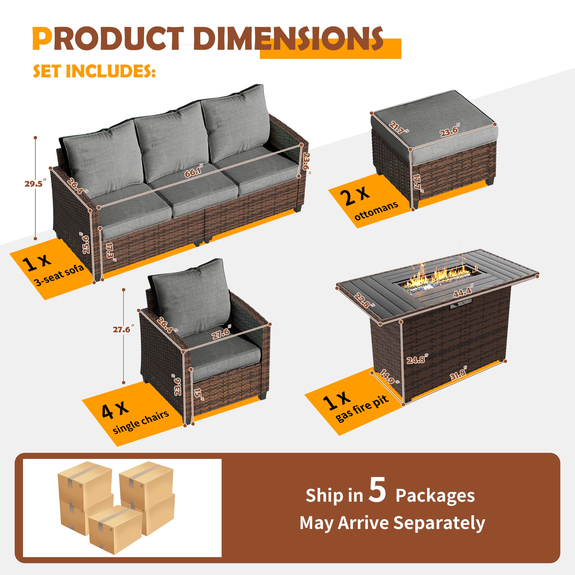 UDPATIO Patio Furniture Set with 44" Fire Pit Table, 8 Pcs Outdoor Couch