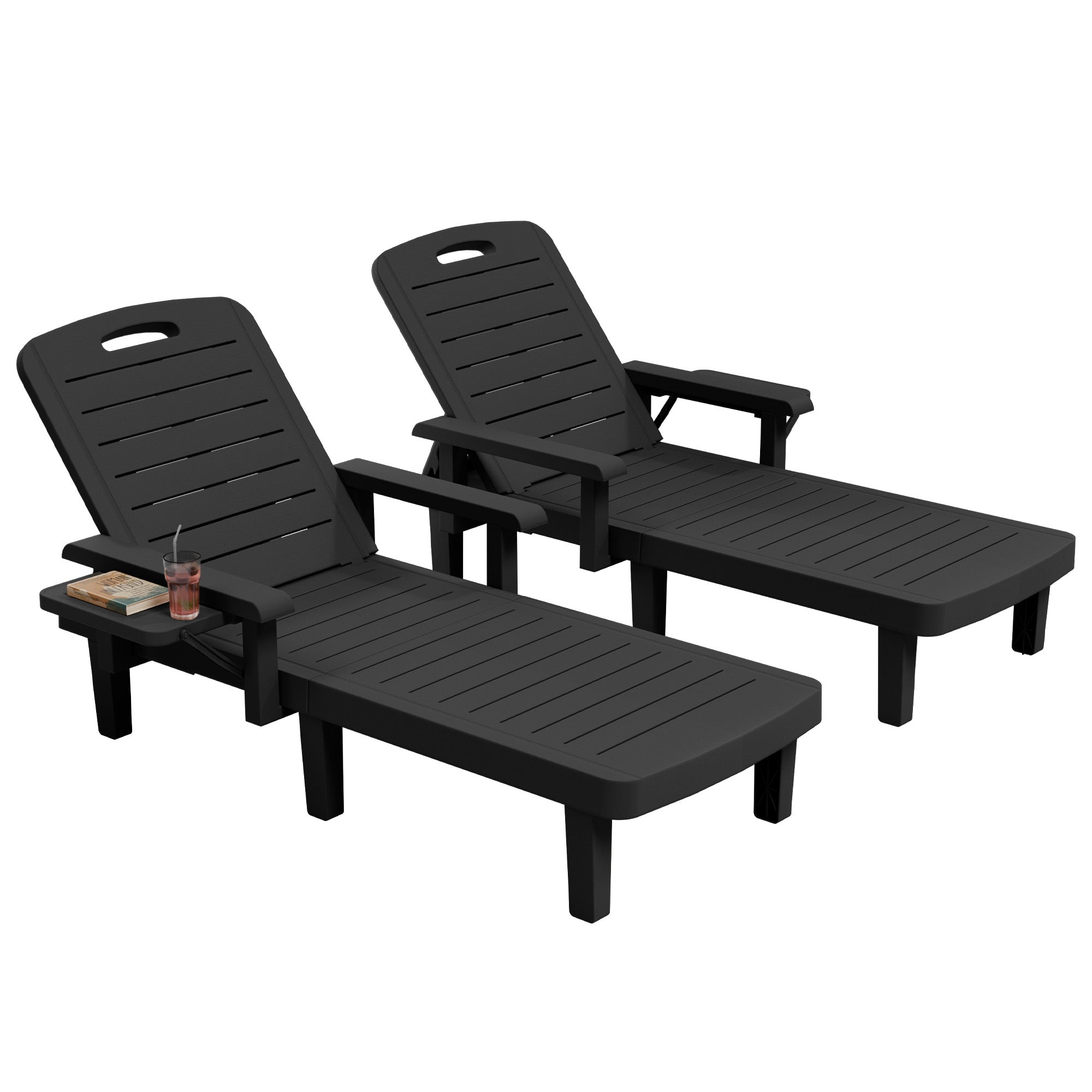 UDPATIO Oversized Pool Lounge Chairs Set of 2, Waterproof Resin Pool Chaise Lounges with Armrests and Cup Holder Tray, 5 Level Adjustable Backrest, for Poolsode, Lawn, Beach, Backyard