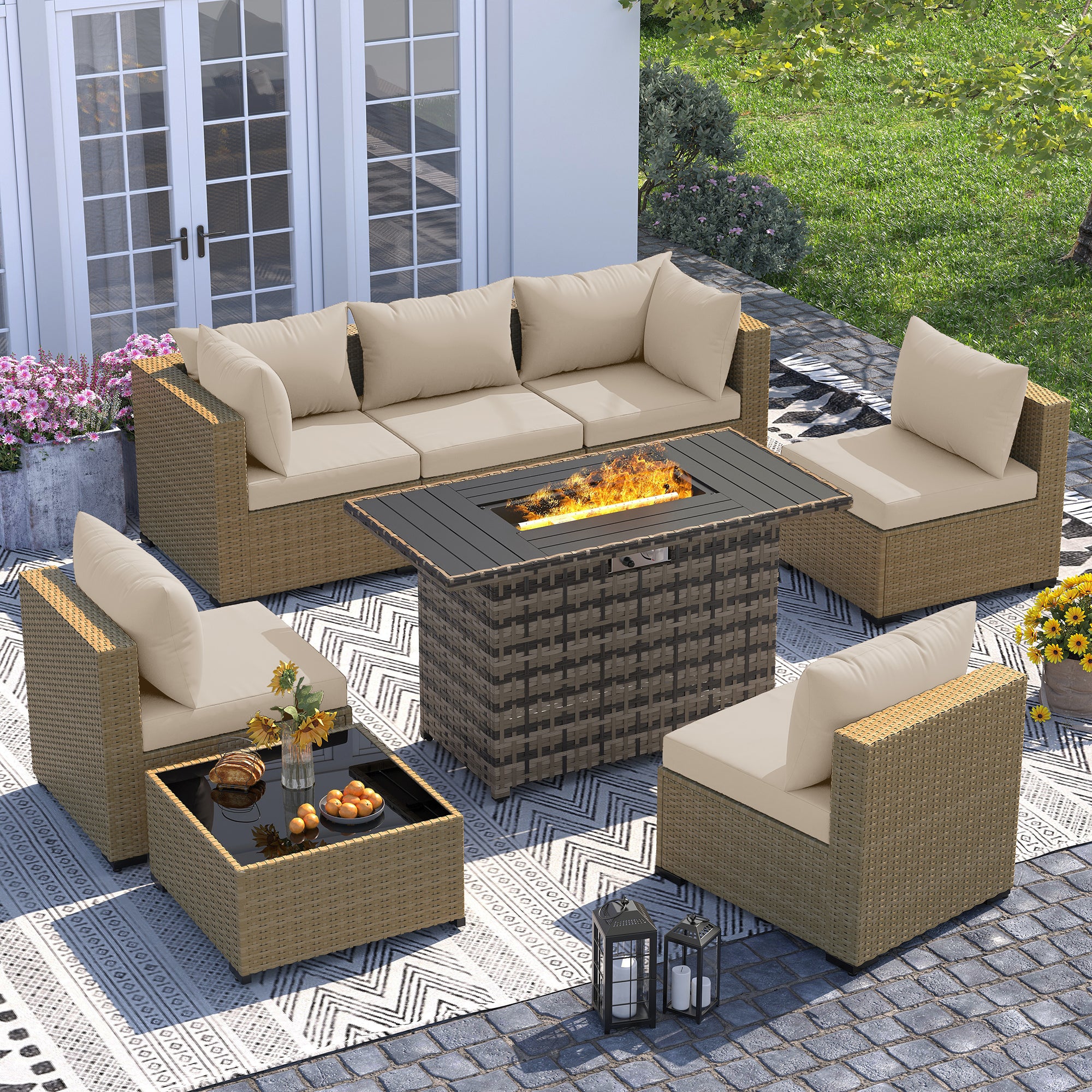 UDPATIO Furniture Set with Fire Pit Table, 8 Piece Sectional Sofas, All-Weather Wicker Conversation for Garden, Backyard, Beige