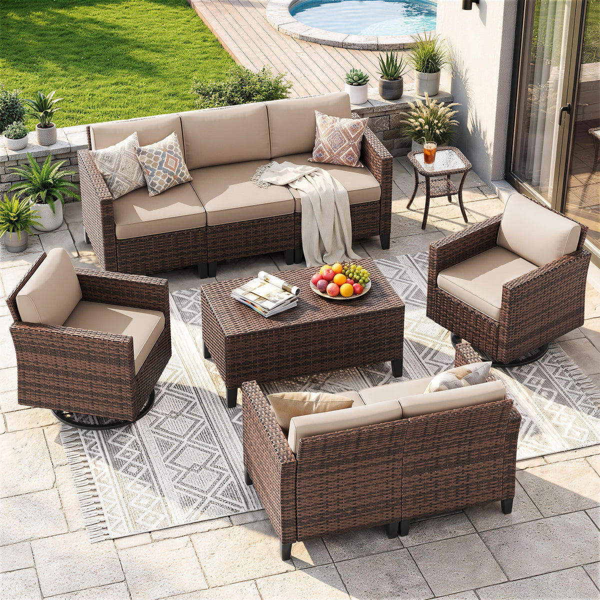 UDPATIO Patio Furniture Set, 9 Pieces Outdoor Furniture Sets with Rocking Swivel Chairs, Wicker Rattan Outdoor Conversation Set with Storage Table and Waterproof Covers for Backyard, Deck, Porch