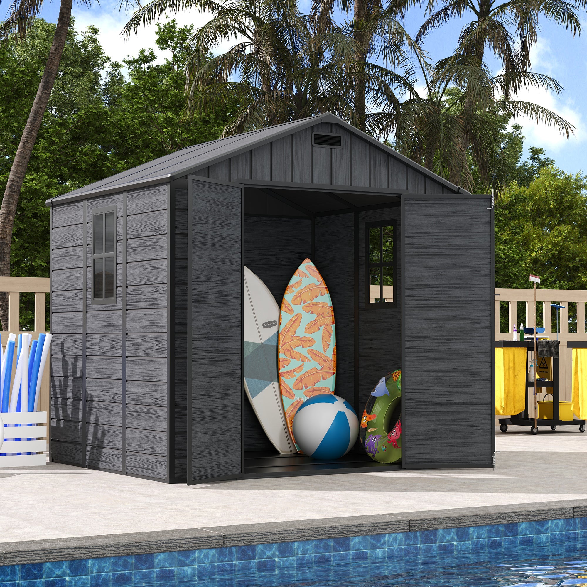 UDPATIO Resin Storage Shed 8 x 6 FT, Plastic Outdoor Storage Shed with Floor Outdside Storage Garden Patio Sheds with Lockable Door for Bike, Garbage Can, Tool, Dark Grey