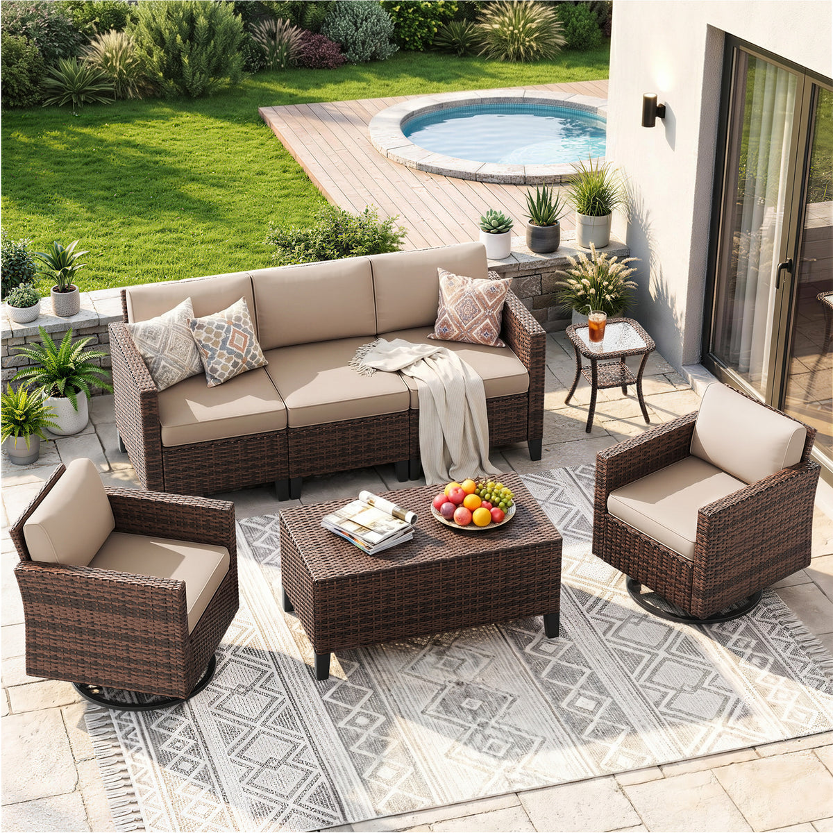 UDPATIO Patio Furniture Set, 7 Pieces Outdoor Furniture Sets with Rocking Swivel Chairs, Wicker Rattan Outdoor Conversation Set with Storage Table and Waterproof Covers for Backyard, Deck, Porch