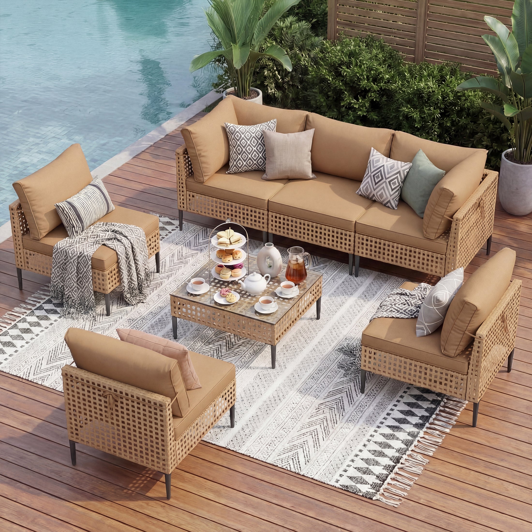 UDPATIO 7 Piece Wicker Patio Furniture Set, Outdoor Conversation Set， Sectional Sofa with Glass Coffee Table， Outdoor Sofa for Porch, Backyard, Yellow&Brown