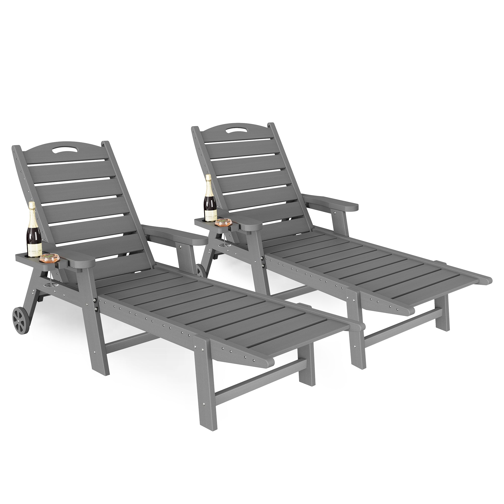 UDPATIO Outdoor Chaise Lounge Chair Set of 2, HDPE Patio Lounge Chairs for Outside with Wheels & Cup Holder, Reclining Seating with 5 Position for Poolside Deck Garden