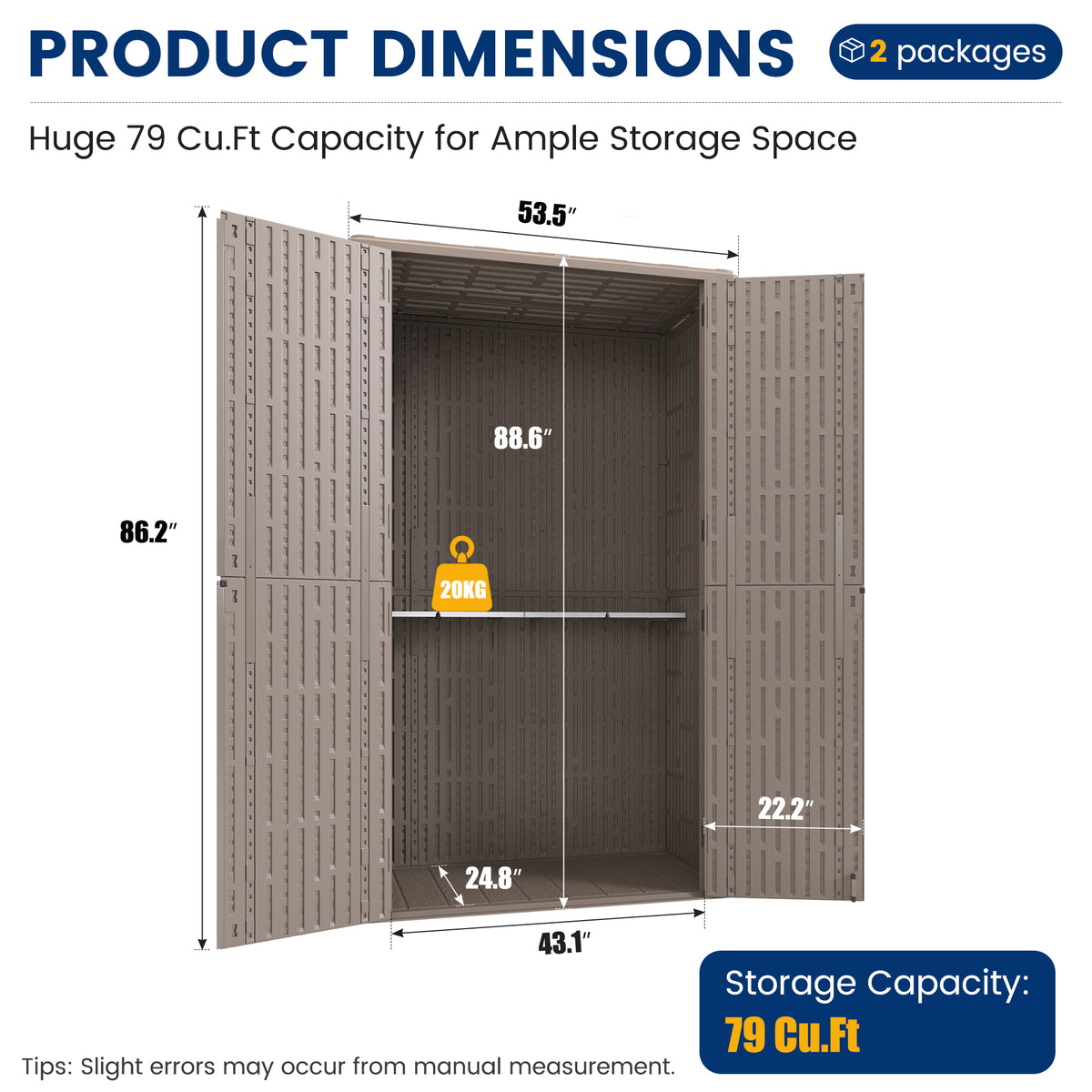 UDPATIO 79 Cu.Ft Vertical Outdoor Storage Shed, HDPE Resin Sheds,Brown
