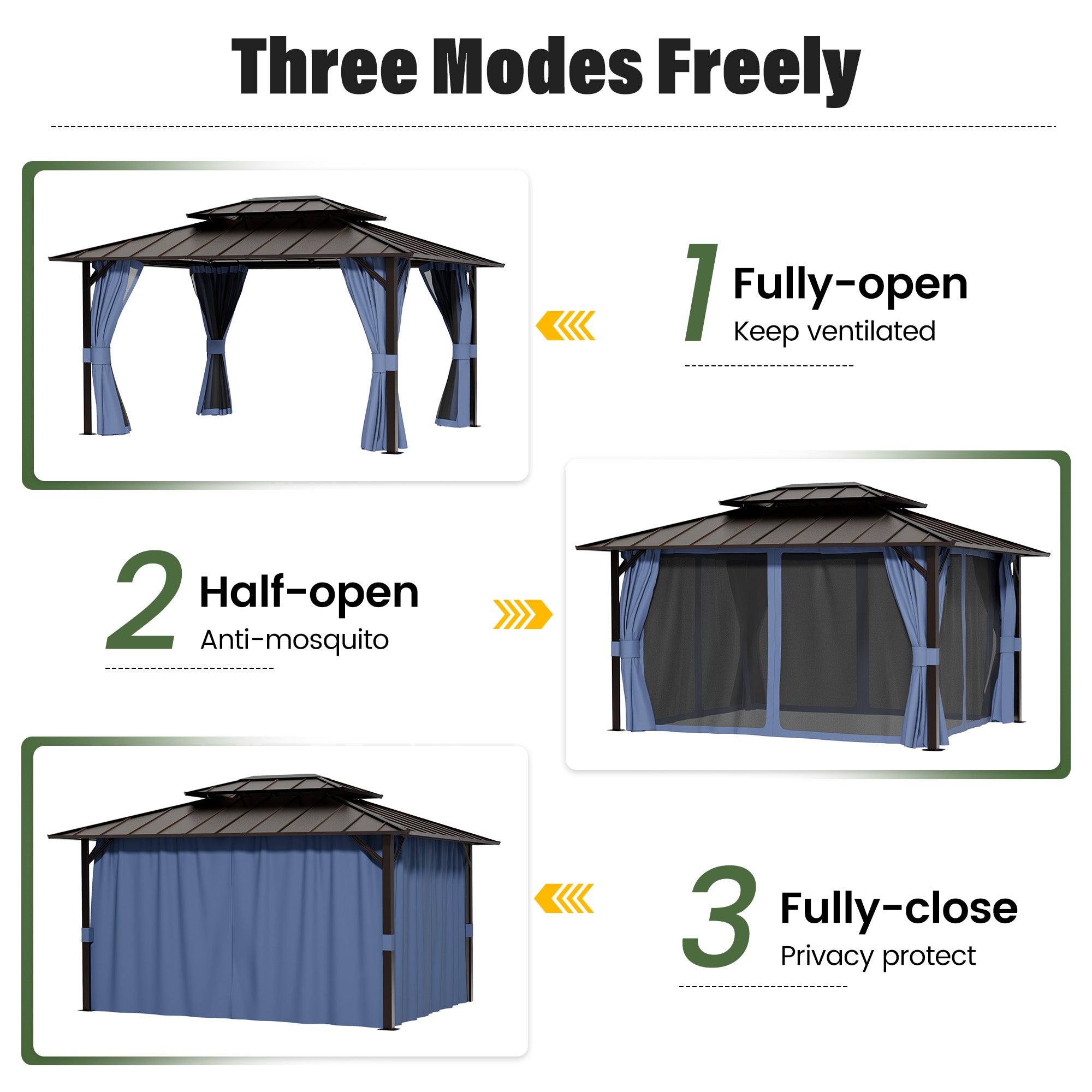 UDPATIO 10x12 Hardtop Gazebo, Aluminum Frame with Double Galvanized Steel Roof, Hard Top Patio Outdoor Metal Gazebos, Permanent Gazebo with Mosquito Netting and Curtain for Backyard, Deck, Navy Blue