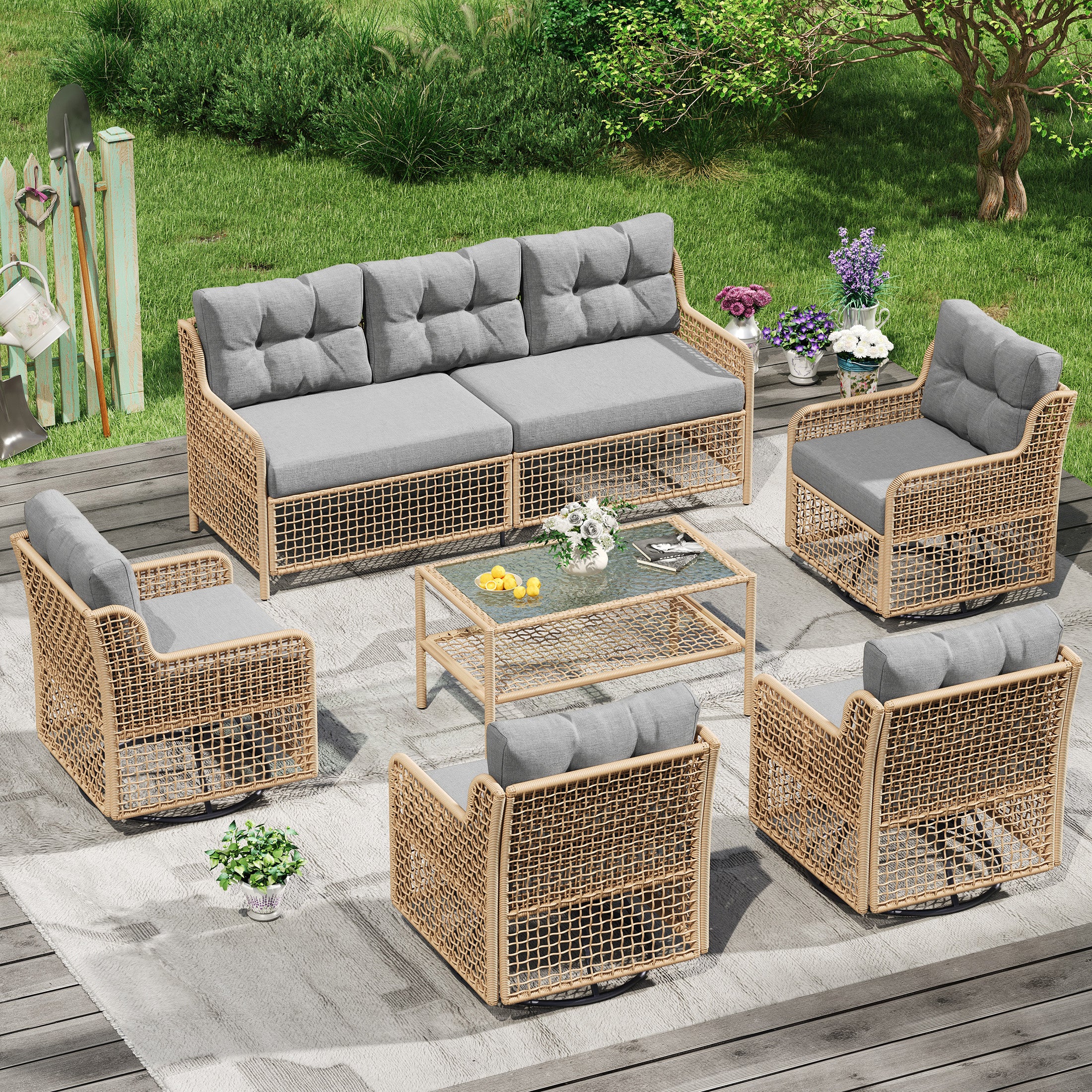 UDPATIO Patio Conversation Set, Rattan Wicker Furniture, 6 Piece Outdoor Sectional Set with Coffee Table & All-Weather Wicker, Grey