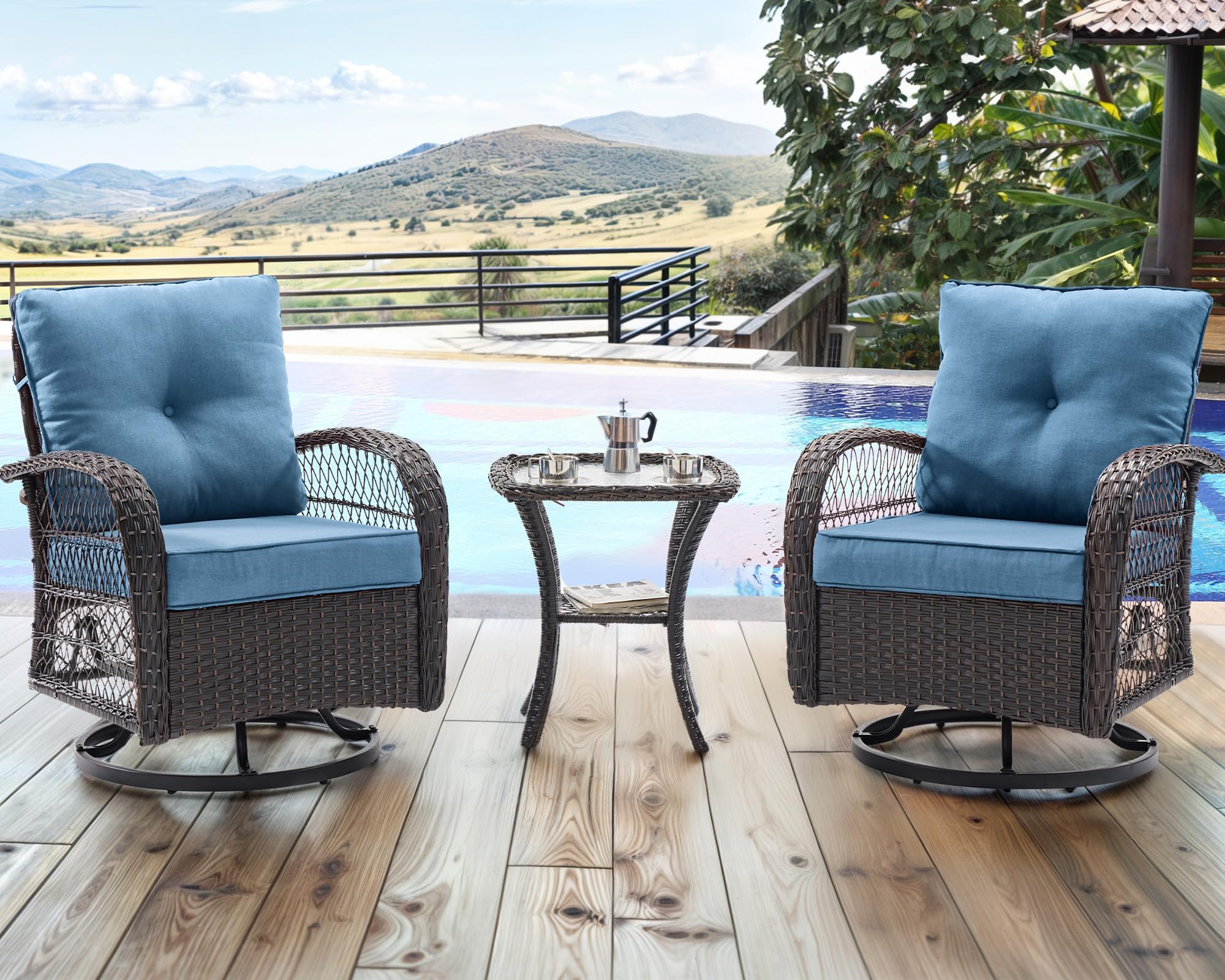 UDPATIO 3 Pieces Patio Furniture Set, Outdoor Swivel Rocker Patio Chairs Set of 2, All-Weather PE Wicker Glider Chairs with Thick Cushions and Glass Coffee Table，for Porch Deck Backyard