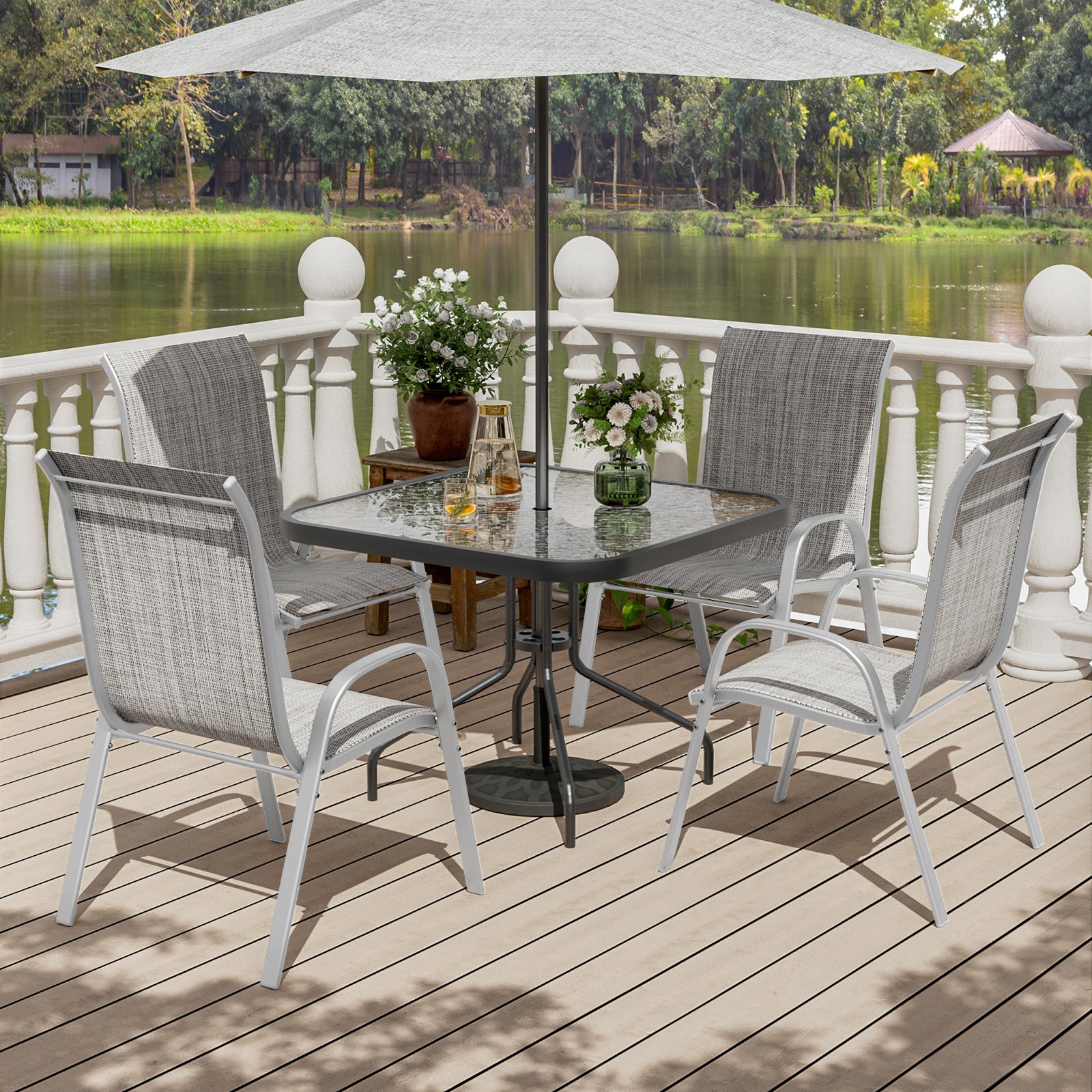 UDPATIO Patio Chairs Set of 4, Stackable Silver Outdoor Dining Chairs with High Back, Breathable Outdoor Chair Textilene Fabric All Weather, 350LBS Capacity for Garden, Backyard (Light Grey)