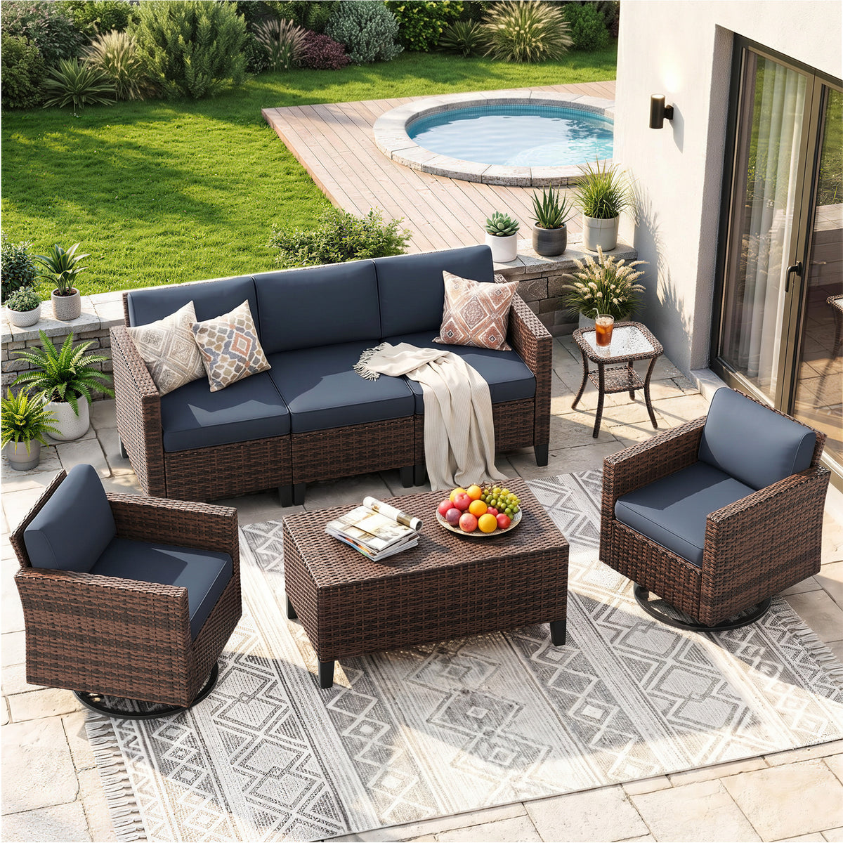 UDPATIO Patio Furniture Set, 7 Pieces Outdoor Furniture Sets with Rocking Swivel Chairs, Wicker Rattan Outdoor Conversation Set with Storage Table and Waterproof Covers for Backyard, Deck, Porch