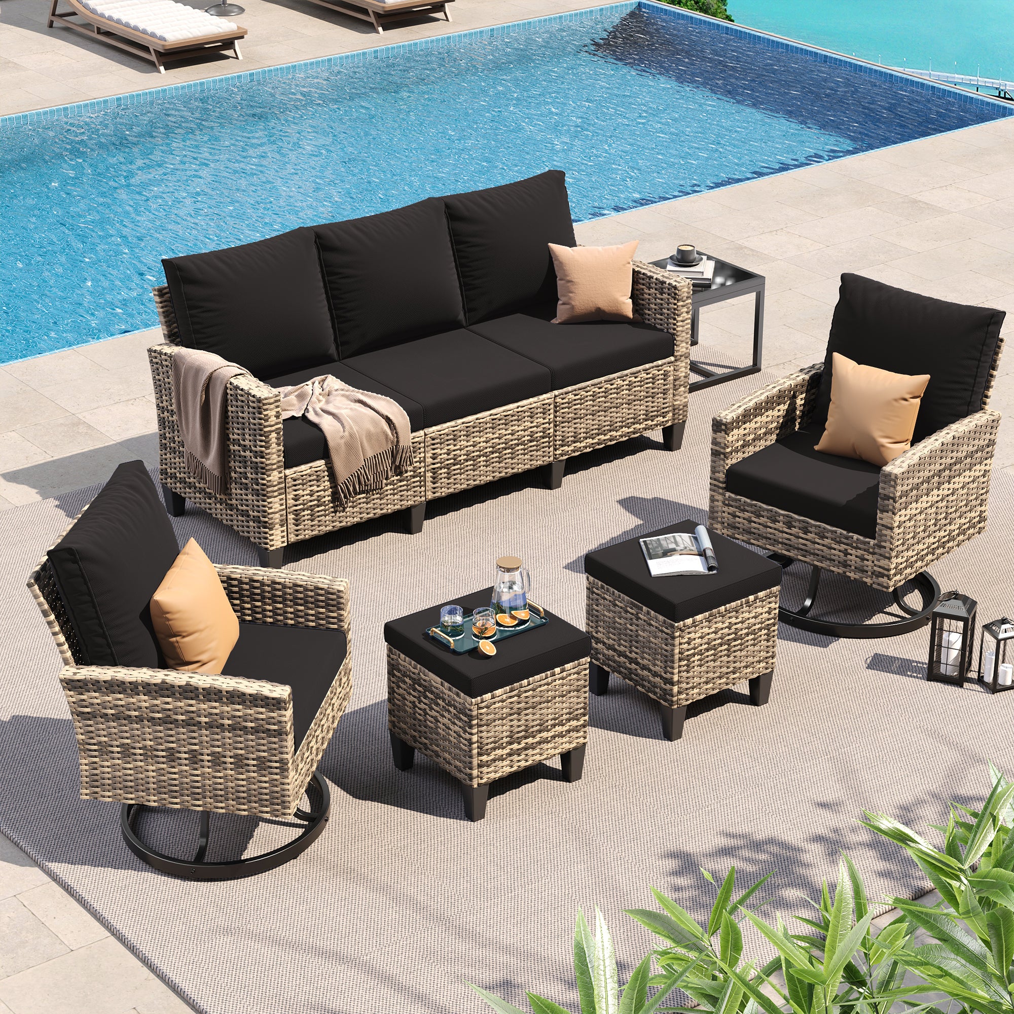 UDPATIO Patio Furniture Set, 6 Pieces Outdoor Conversation Sets with Swivel Chairs, All-Weather Wicker Rattan Patio Sofa with Ottomans and Glass Side Table for Backyard, Deck, Porch, Black/Yellow