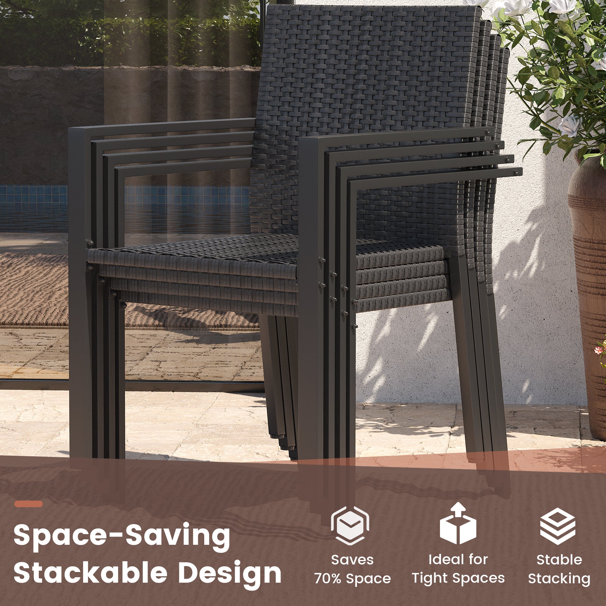 UDPATIO Stackable Patio Chairs Set of 2, Wicker Outdoor Chairs, All-Weather Rattan Dining Chairs with Deep Seat & Armrests, Steel Frame for Patio, Garden, Backyard, Deck, Lawn or Porch, Black