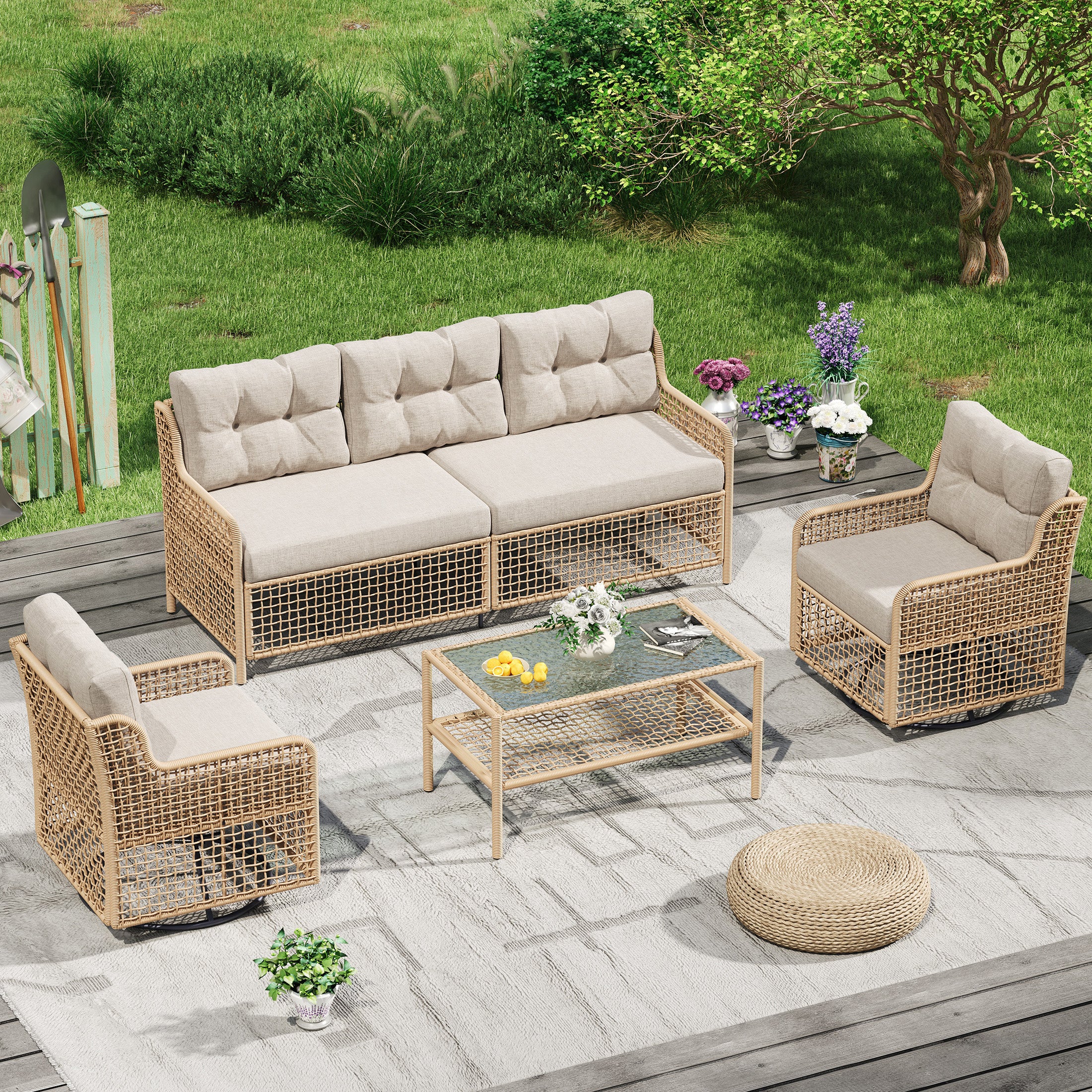 UDPATIO Patio Conversation Set, Rattan Wicker Furniture, 4 Piece Outdoor Sectional Set with Coffee Table & All-Weather Wicker, Beige