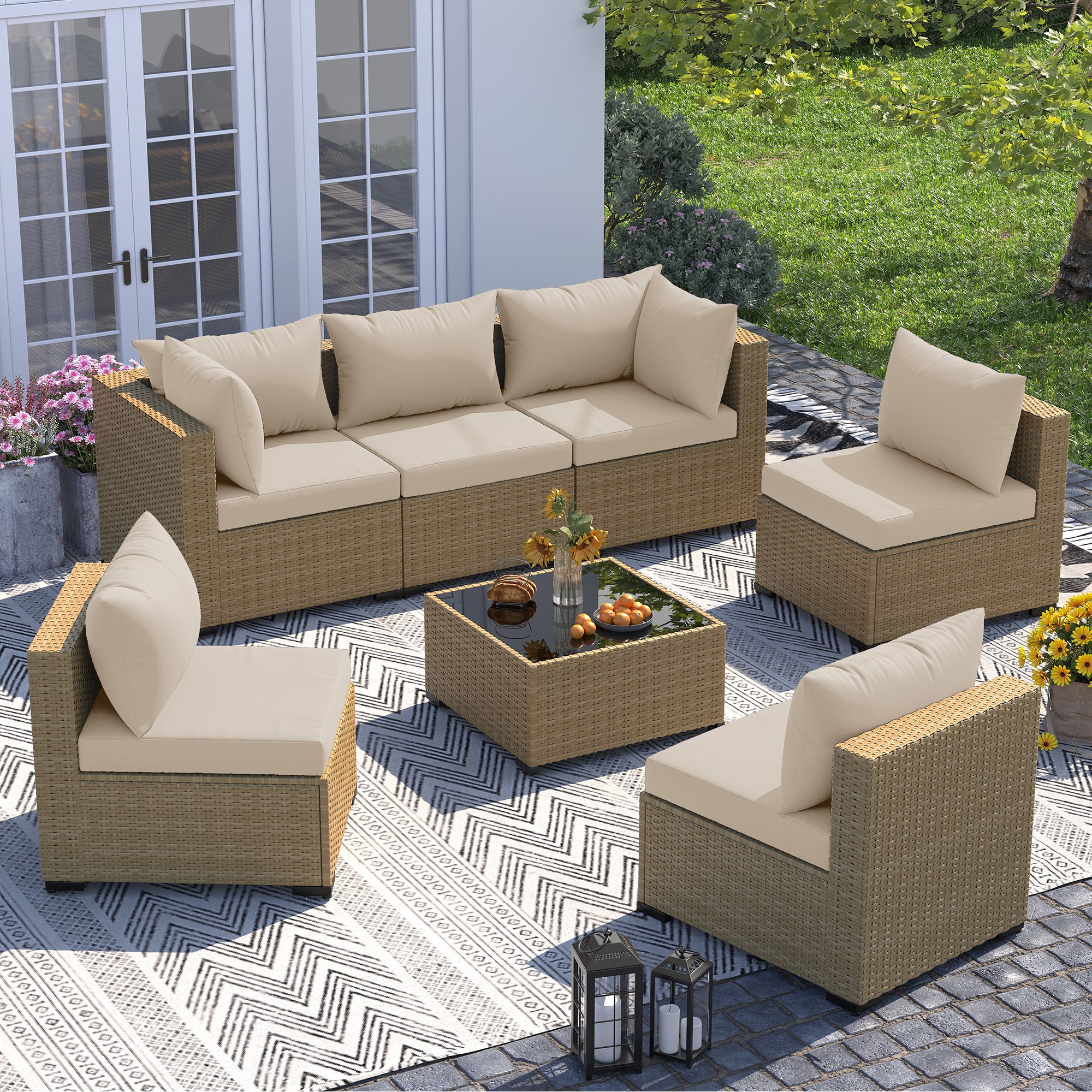 UDPATIO Furniture Set, 7 Piece Sectional Sofas with Wicker Coffee Table, Conversation for Garden, Backyard, Beige