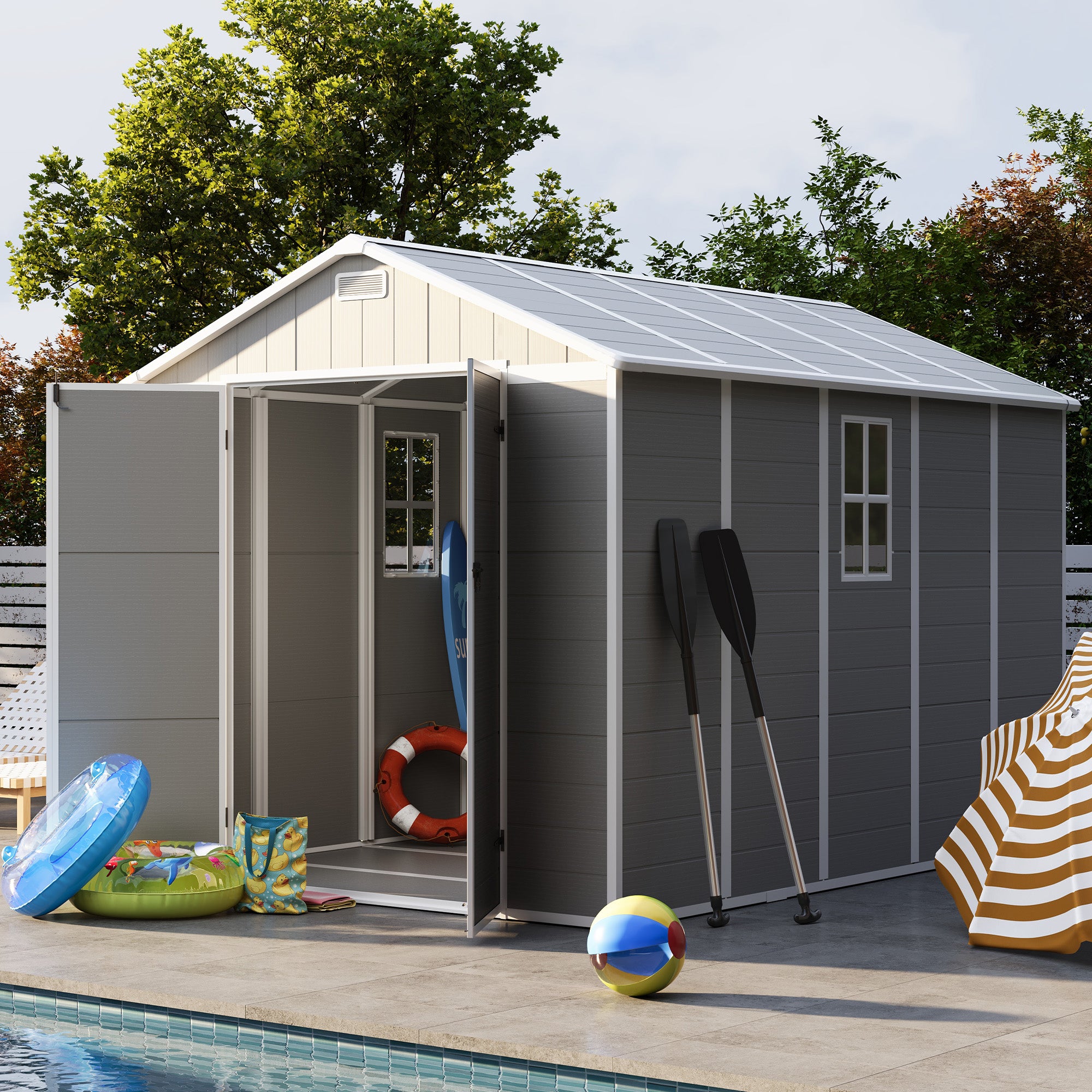 UDPATIO Storage Shed 8 x 10 FT, Resin Sheds & Outdoor Storage with Floor Large Clearance Outdoors Plastic Garden Tool Shed Tuff Outside Cottage Shed with Lockable Door for Bike, Garbage Gray White