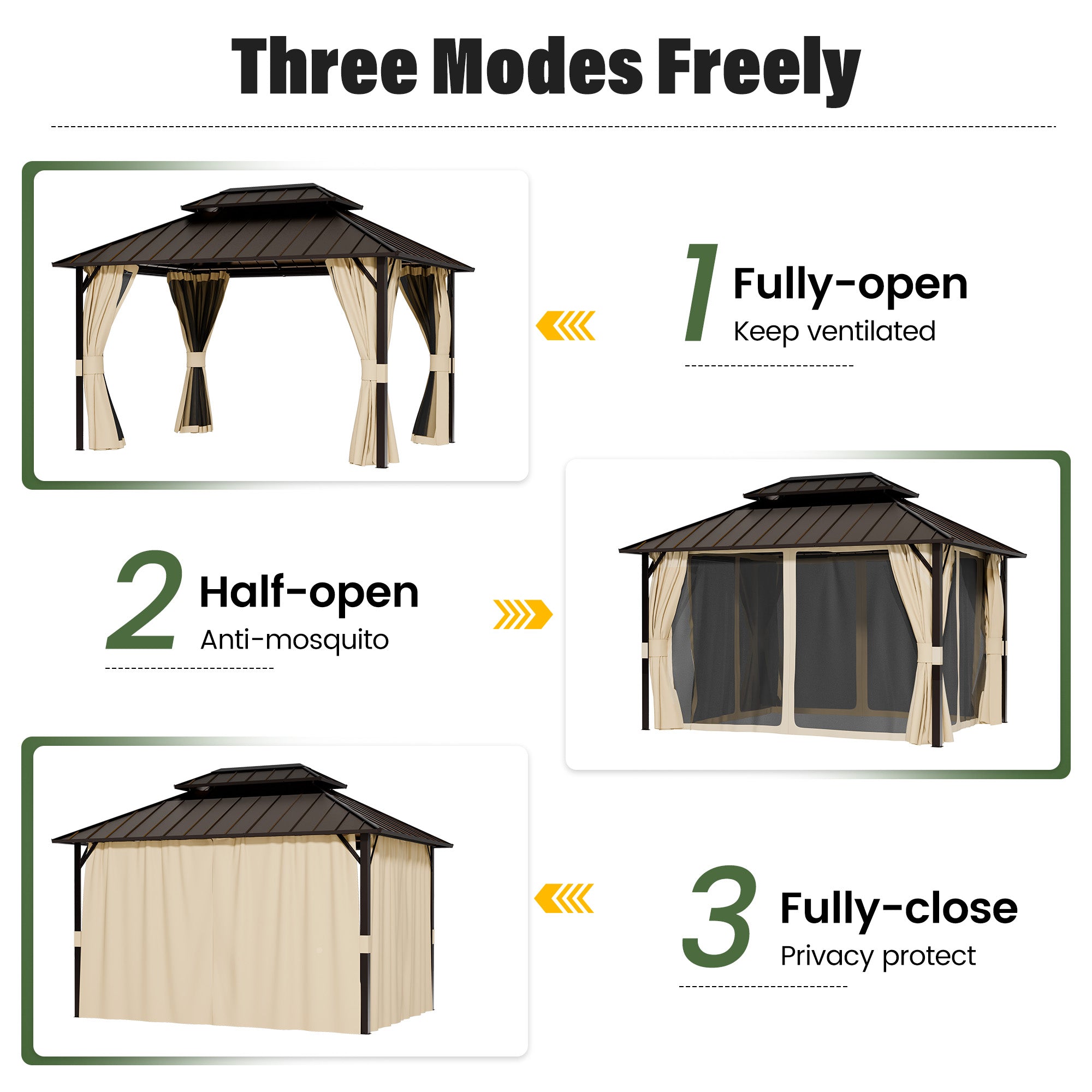 UDPATIO 12x14 Hardtop Gazebo, Aluminum Frame with Double Galvanized Steel Roof, Hard Top Patio Outdoor Metal Gazebos, Permanent Gazebo with Mosquito Netting and Curtain for Backyard, Deck, Beige