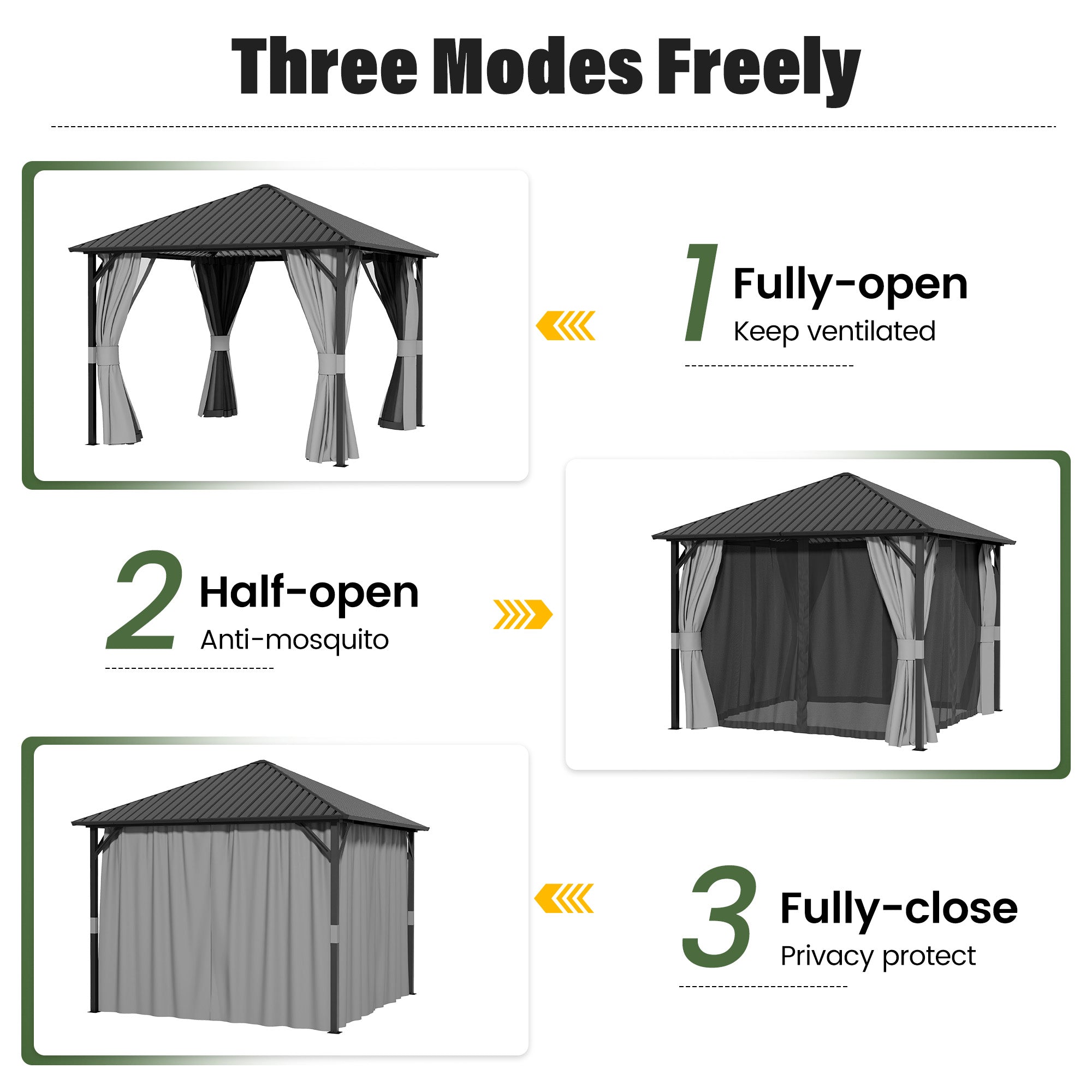 UDPATIO 10x10 Hardtop Gazebo, Metal Gazebo with Galvanized Steel Roof, Hard Top Patio Gazebos, Outdoor Permanent Gazebo with Mosquito Netting and Curtain for Backyard, Deck, Porch, Lawns, Garden, Gray