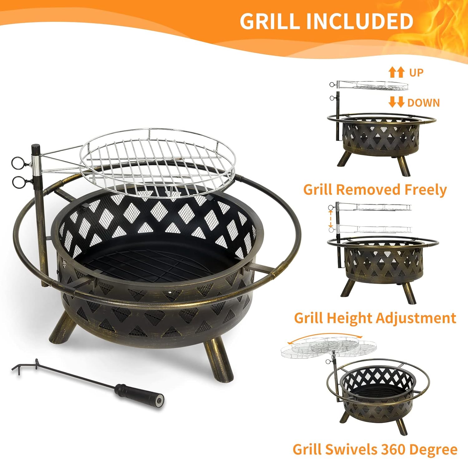 UDPATIO 2 in 1 Outdoor Fire Pit with Grill Cover & Mat, Large 30" Wood Burning FirePits with Swivel Cooking Grate Outdoor Firepit with Spark Cover for Backyard Bonfire Patio Outside Picnic BBQ