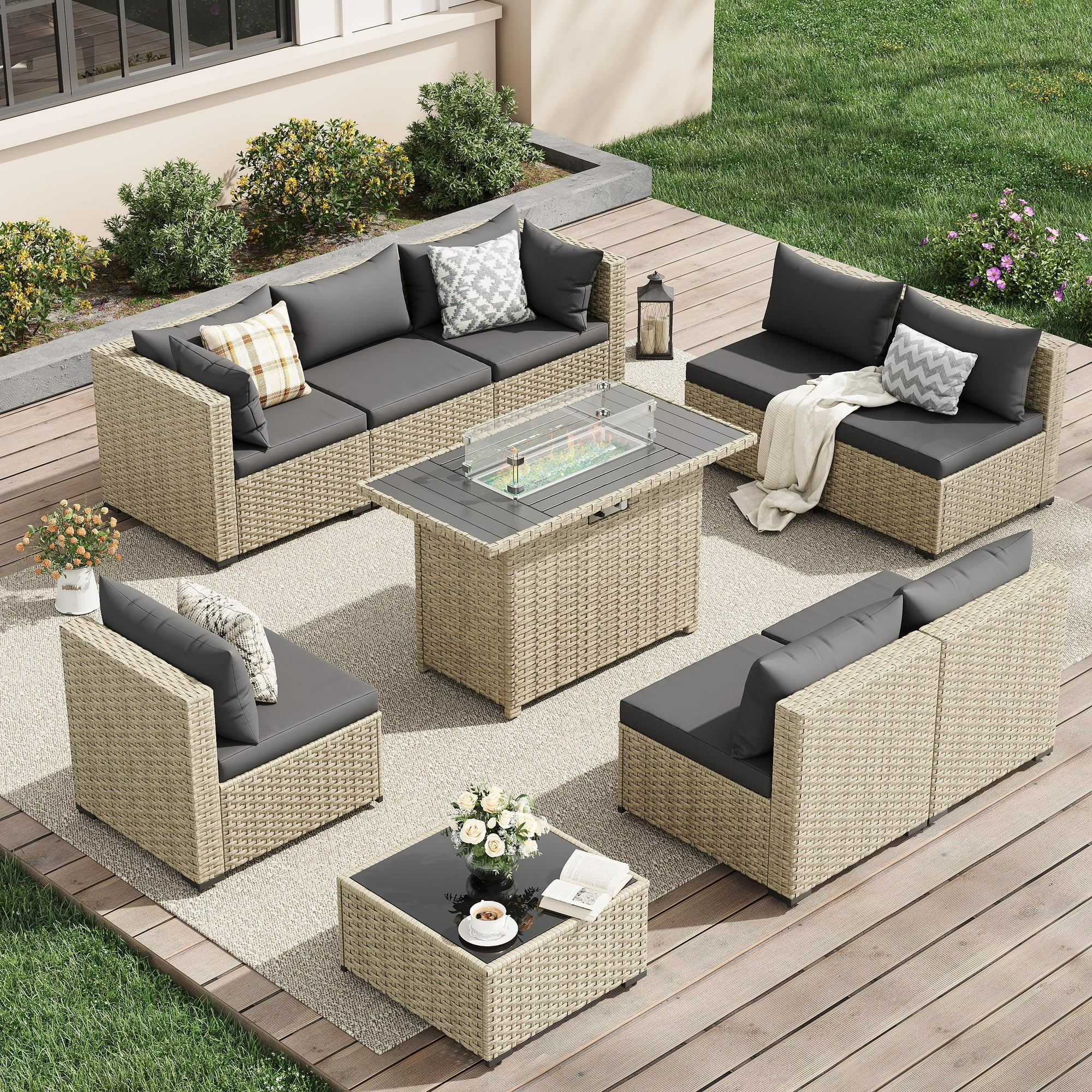 UDPATIO 9 Pieces Outdoor Patio Furniture Set with 44" Fire Pit Table, Outdoor Wicker Patio Conversation Set with Cushions for Backyard, Porch, Garden(Dark Gray)