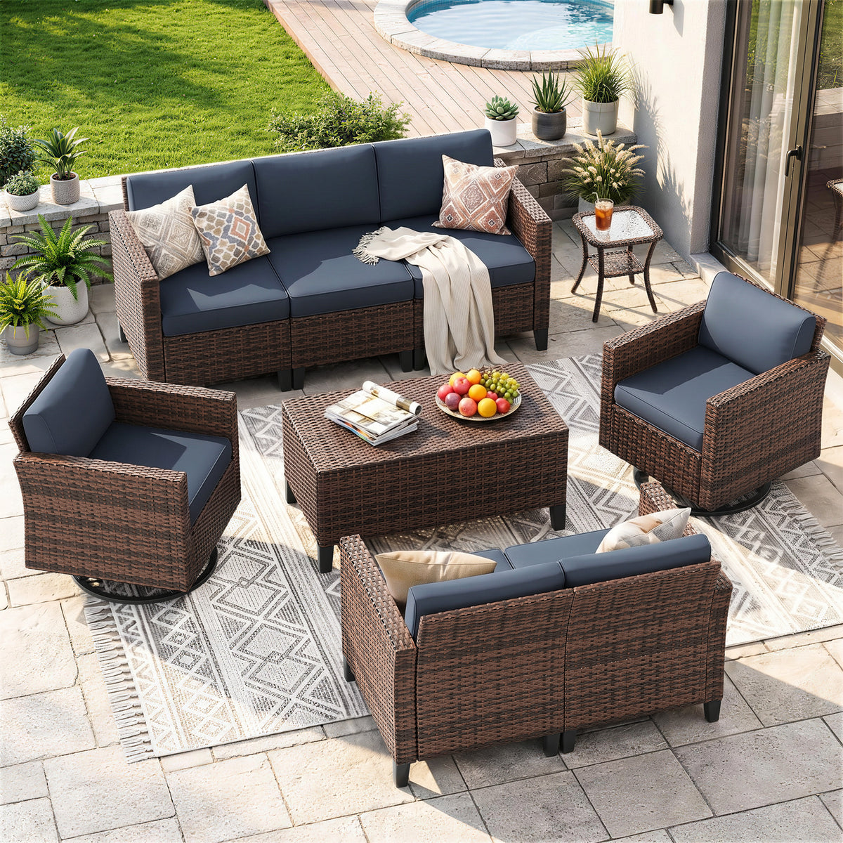 UDPATIO Patio Furniture Set, 9 Pieces Outdoor Furniture Sets with Rocking Swivel Chairs, Wicker Rattan Outdoor Conversation Set with Storage Table and Waterproof Covers for Backyard, Deck, Porch