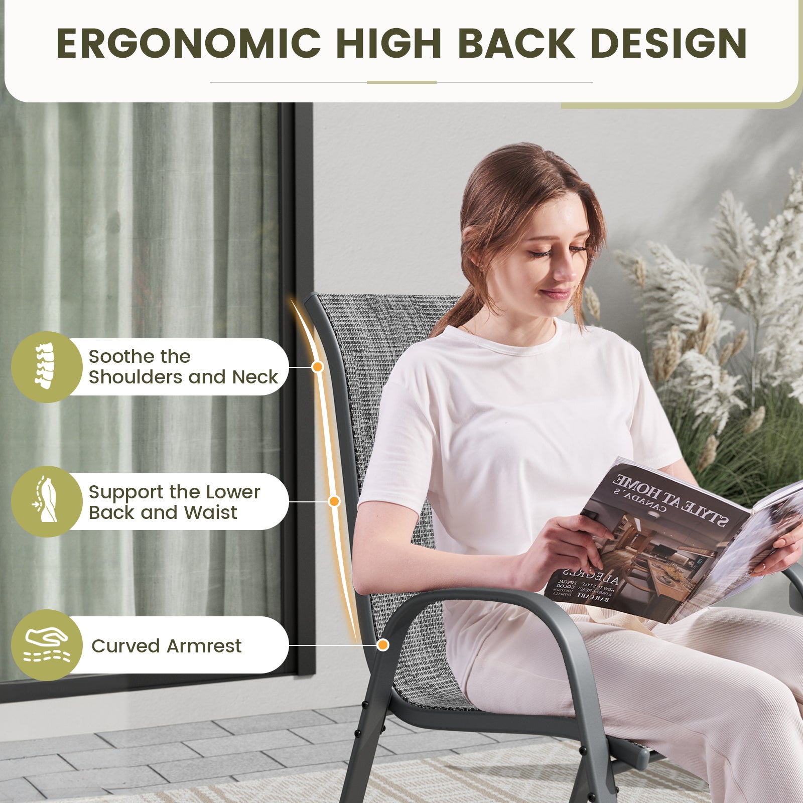 UDPATIO Patio Chairs Set of 4, Stackable Outdoor Dining Chairs with High Back, Textilene Fabric Breathable Outdoor Chair All Weather, 350LBS Capacity for Garden, Backyard (Dark Grey)