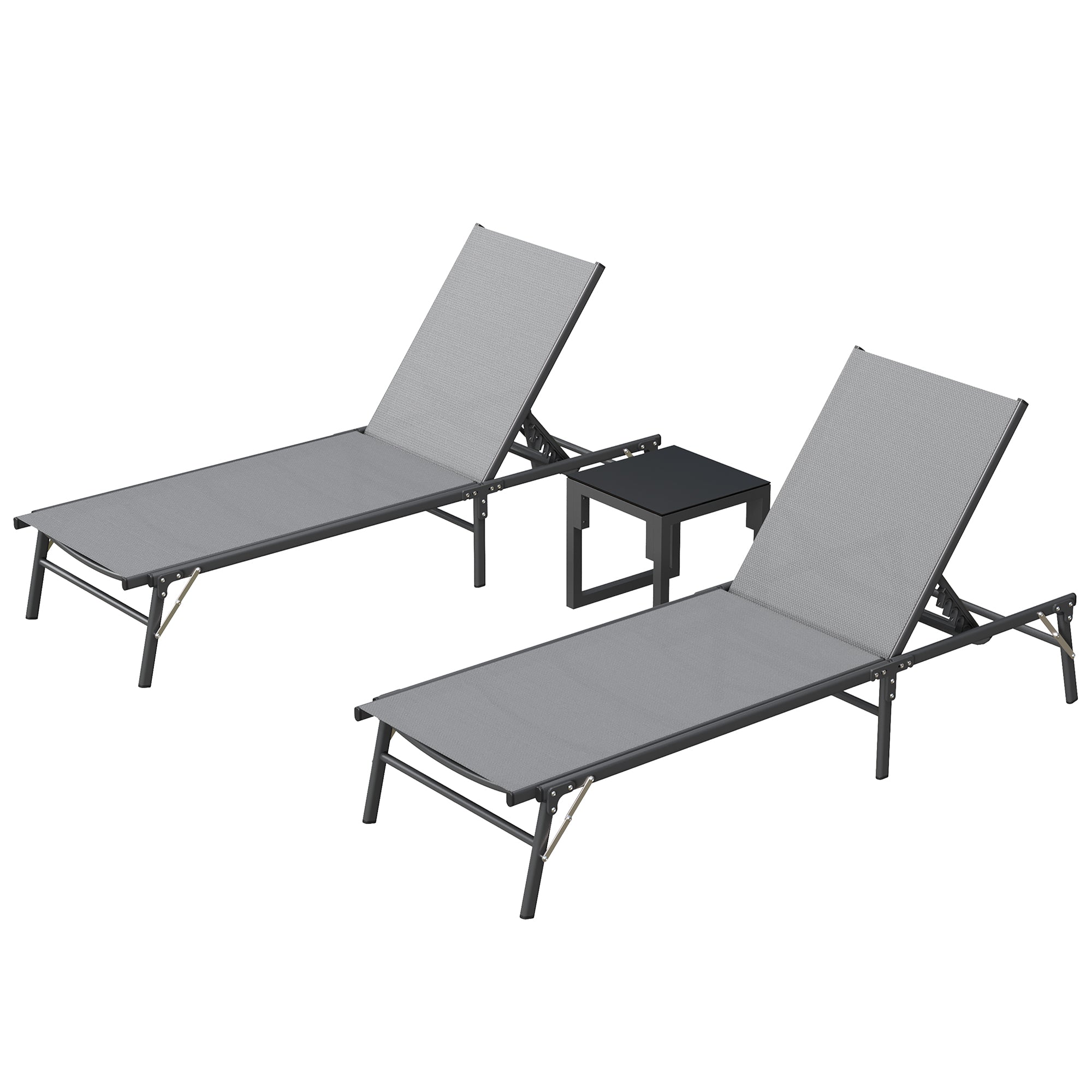 Outdoor Foldable Lounge Chair Set of 2 with Table Pool Lounge Chairs for Outside, Adjustable Lounger for Poolside Lawn Deck Lay Flat Sunbathing Backrest for Patio, Beach, Yard(Grey)