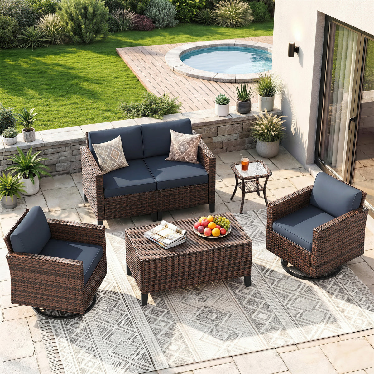 UDPATIO Patio Furniture Set, 6 Pieces Outdoor Furniture Sets with Rocking Swivel Chairs, Wicker Rattan Outdoor Conversation Set with Storage Table and Waterproof Covers for Backyard, Deck, Porch