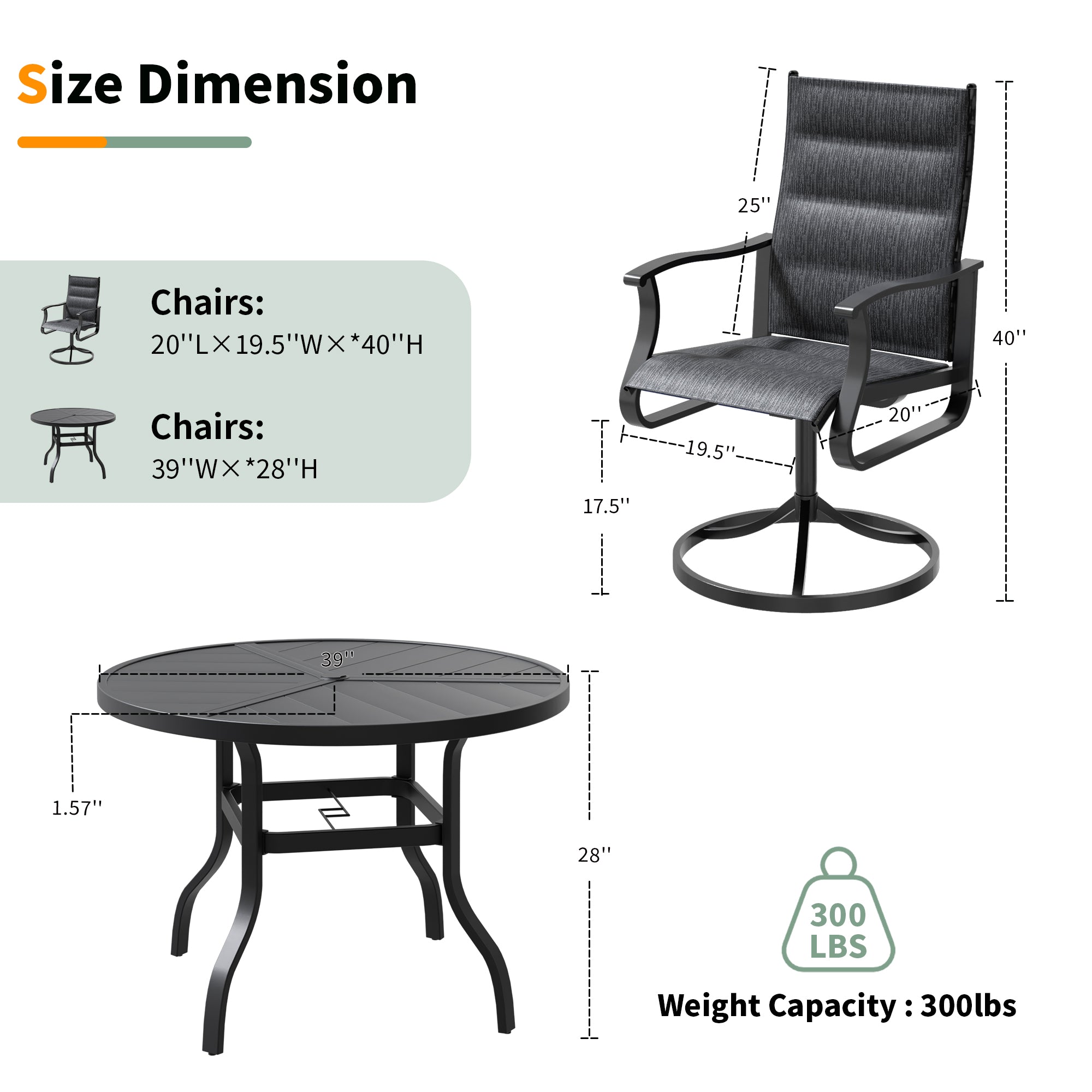 UDPATIO 5 Piece Outdoor Patio Dining Set, Outdoor Table and Chair Set, 39" Round Table with Umbrella Hole & 4 Outdoor Swivel Rocker Dining Chairs, Patio Outside Furniture Set for Lawn, Deck, Yard
