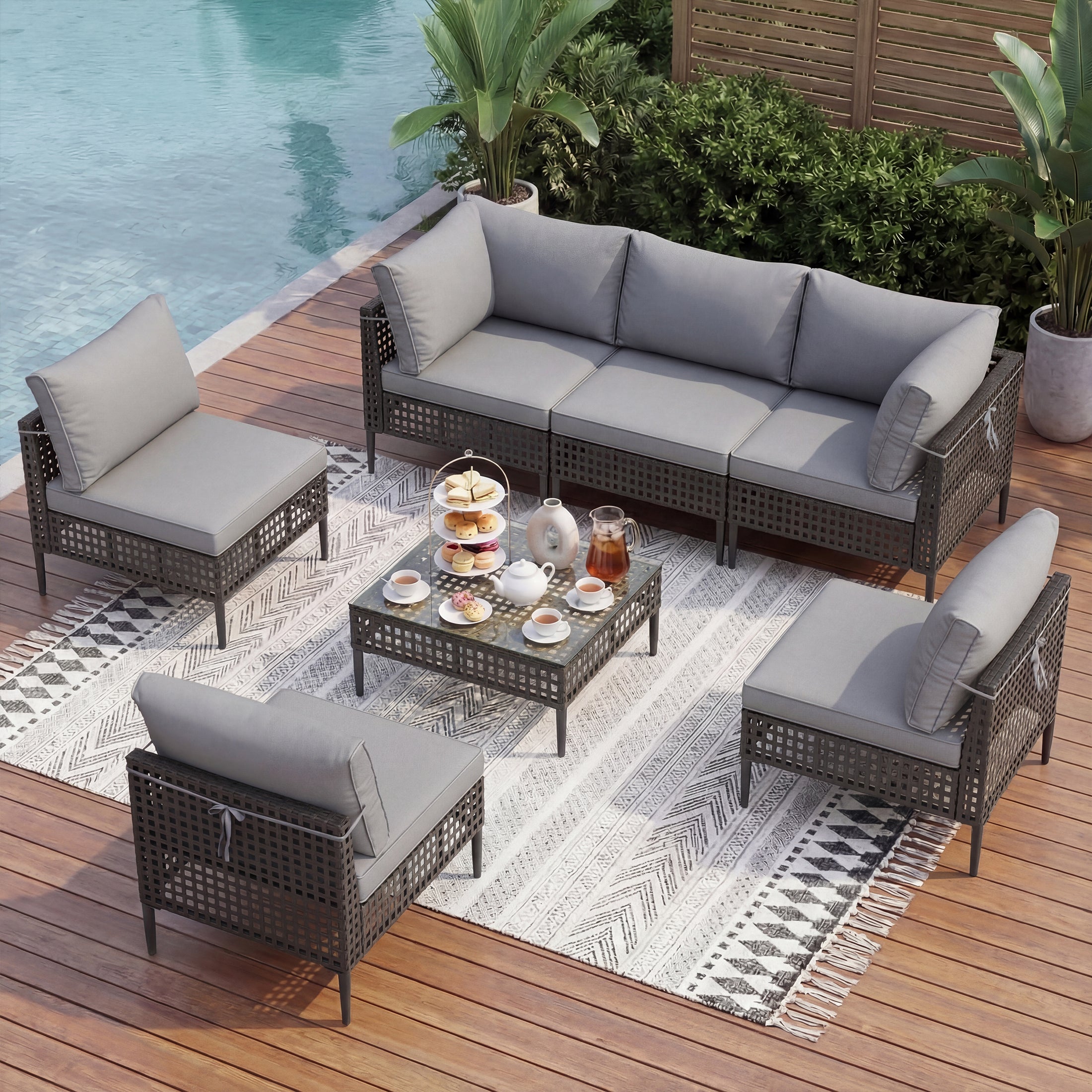 UDPATIO 7 Piece Wicker Patio Furniture Set, Outdoor Conversation Set， Sectional Sofa with Glass Coffee Table， Outdoor Sofa for Porch, Backyard, Black&Gray