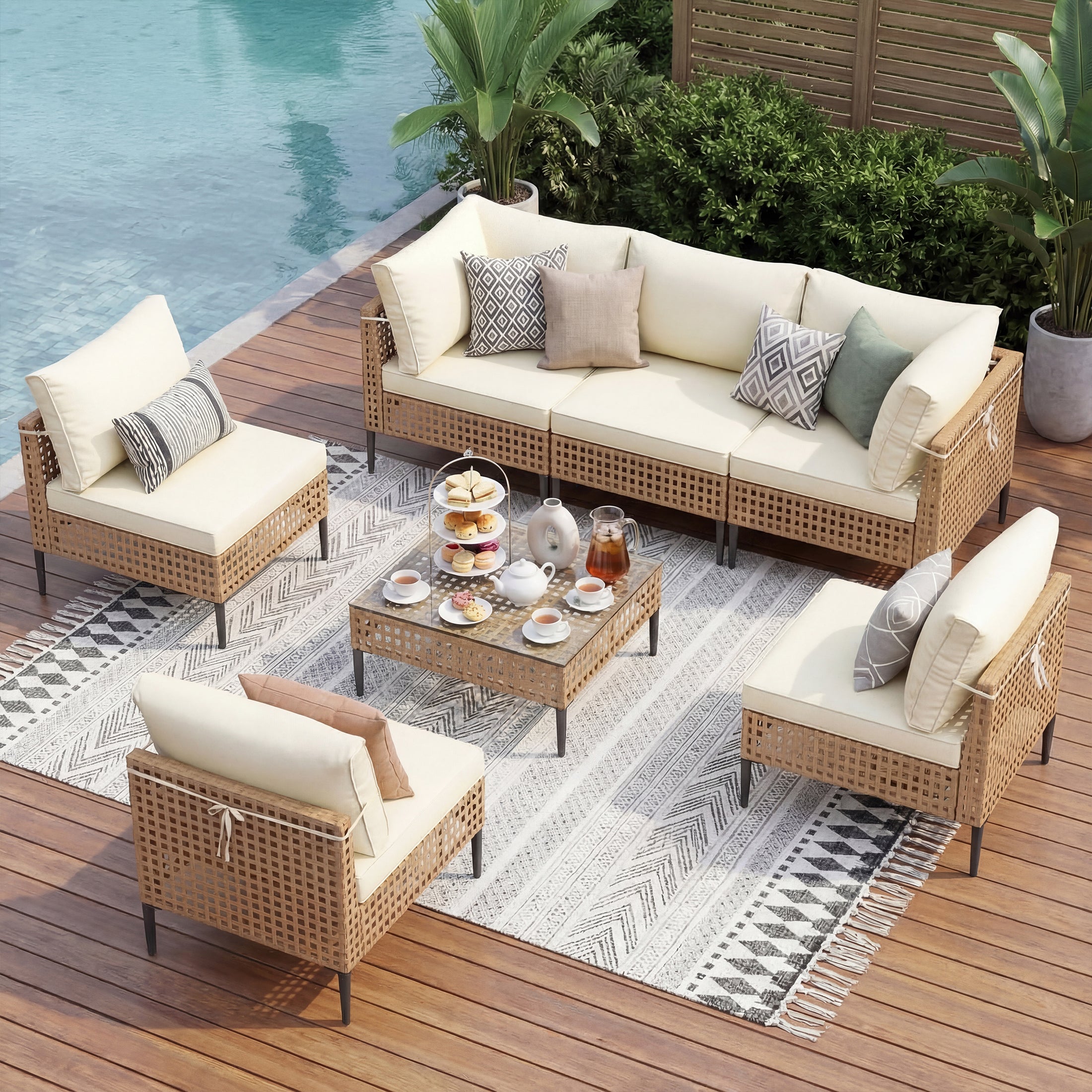 UDPATIO 7 Piece Wicker Patio Furniture Set, Outdoor Conversation Set， Sectional Sofa with Glass Coffee Table， Outdoor Sofa for Porch, Backyard, Yellow&Beige