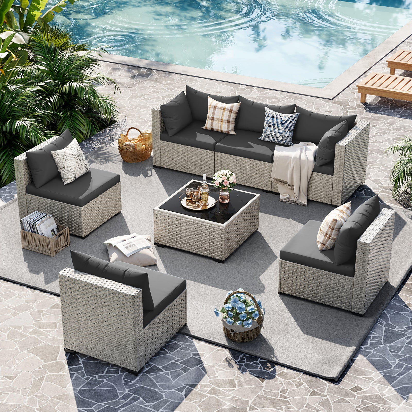 UDPATIO Outdoor Patio Furniture Set, 7-Piece PE Wicker Sectional Sofa with Tea Table, Outdoor Conversation Set for Patio, Garden, Backyard Black