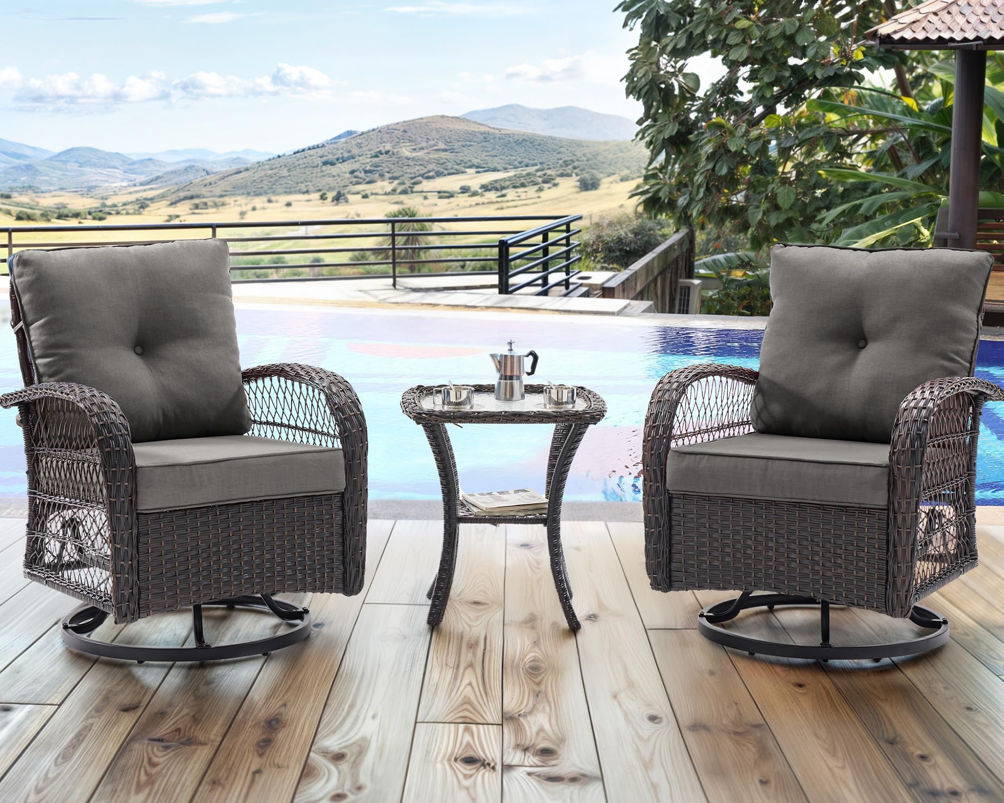 UDPATIO 3 Pieces Patio Furniture Set, Outdoor Swivel Rocker Patio Chairs Set of 2, All-Weather PE Wicker Glider Chairs with Thick Cushions and Glass Coffee Table，for Porch Deck Backyard