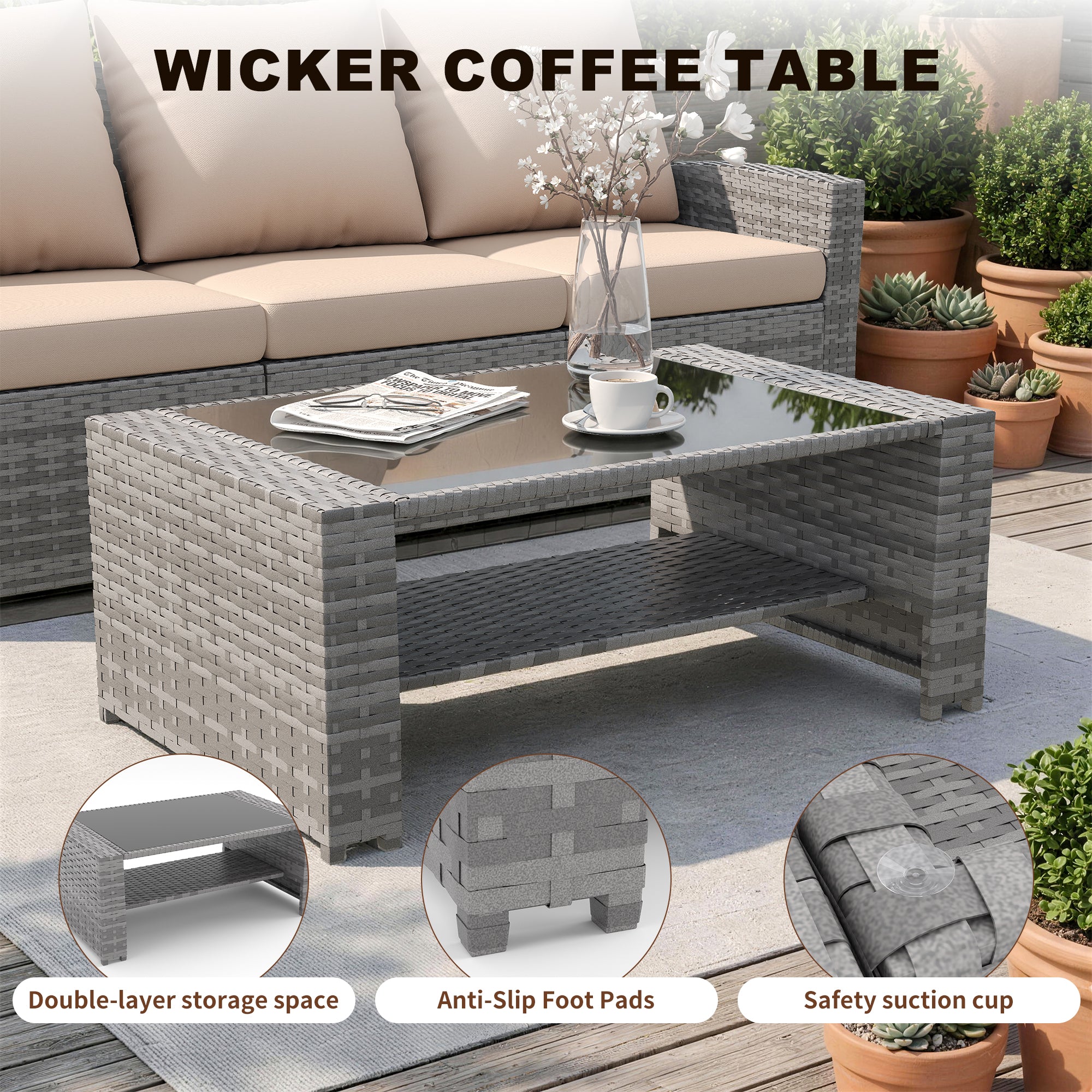 UDPATIO Wicker Patio Furniture Set，Gray PE Rattan Patio Sofa Set with coffee table，Multi-person Outdoor Sectional Conversation Sets for Balcony, Porch, Backyard, Beige