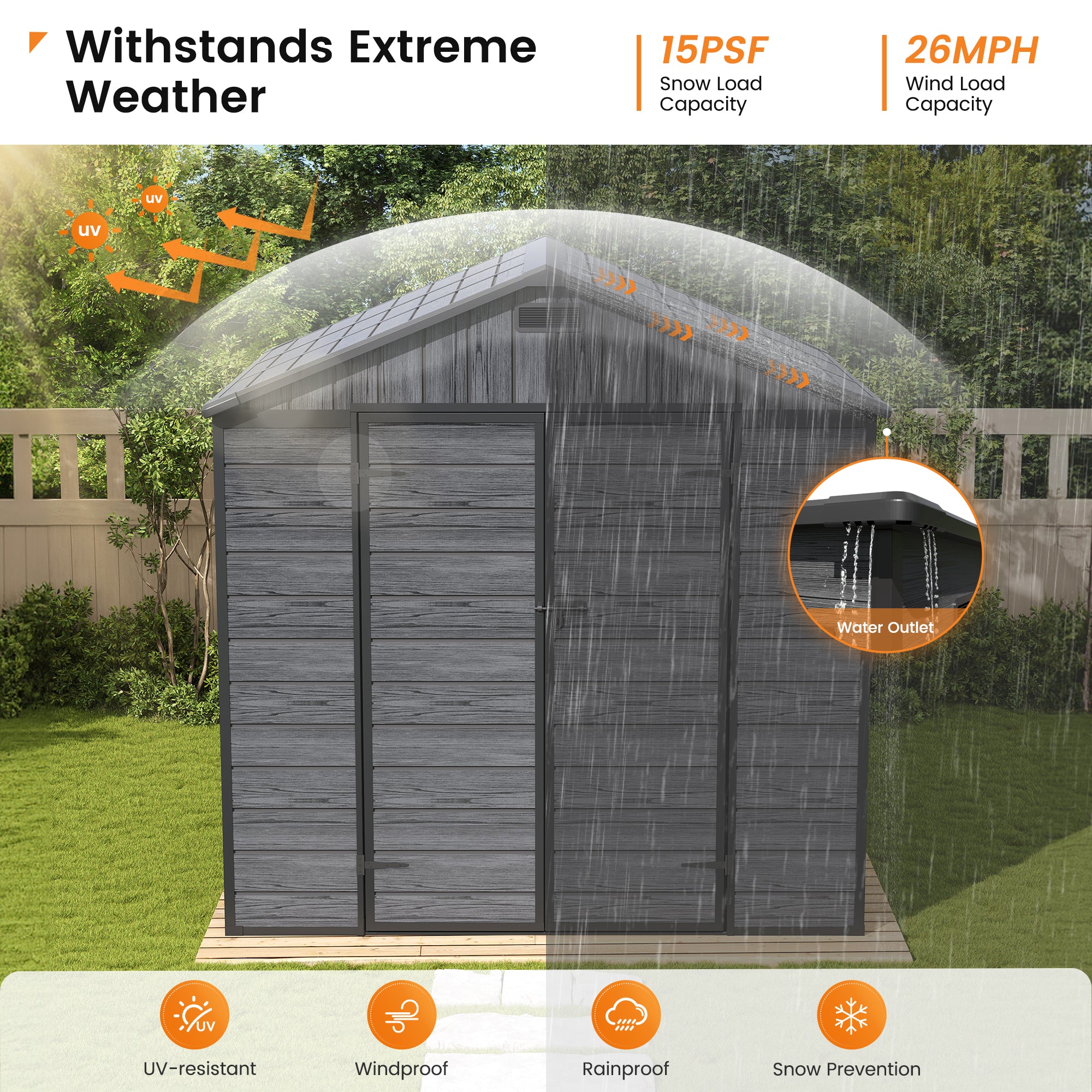 UDPATIO Resin Storage Shed 8 x 6 FT, Plastic Outdoor Storage Shed with Floor Outdside Storage Garden Patio Sheds with Lockable Door for Bike, Garbage Can, Tool, Dark Grey