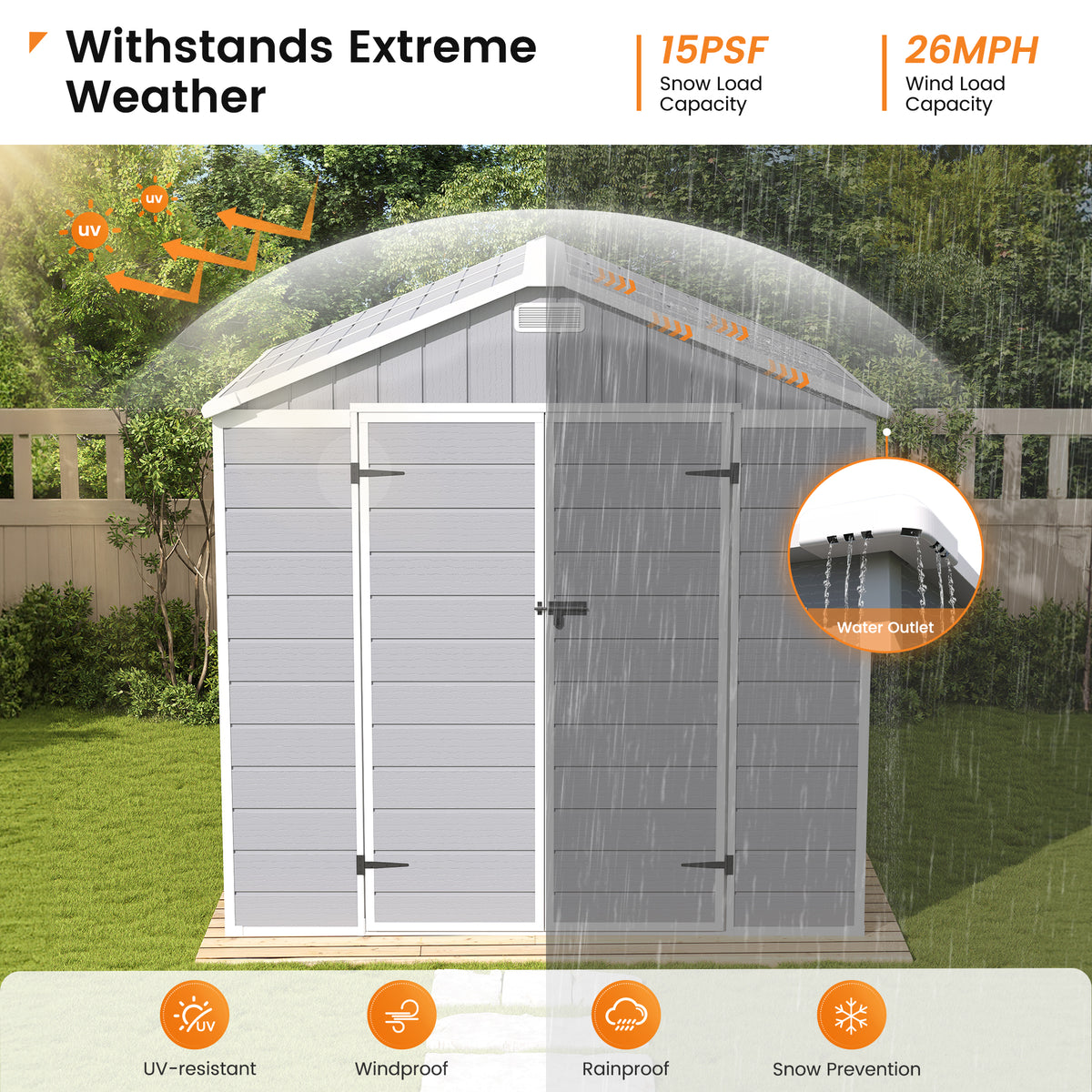UDPATIO Storage Shed 8x8 FT, Resin Outdoor Plastic Sheds with Floor, Gray