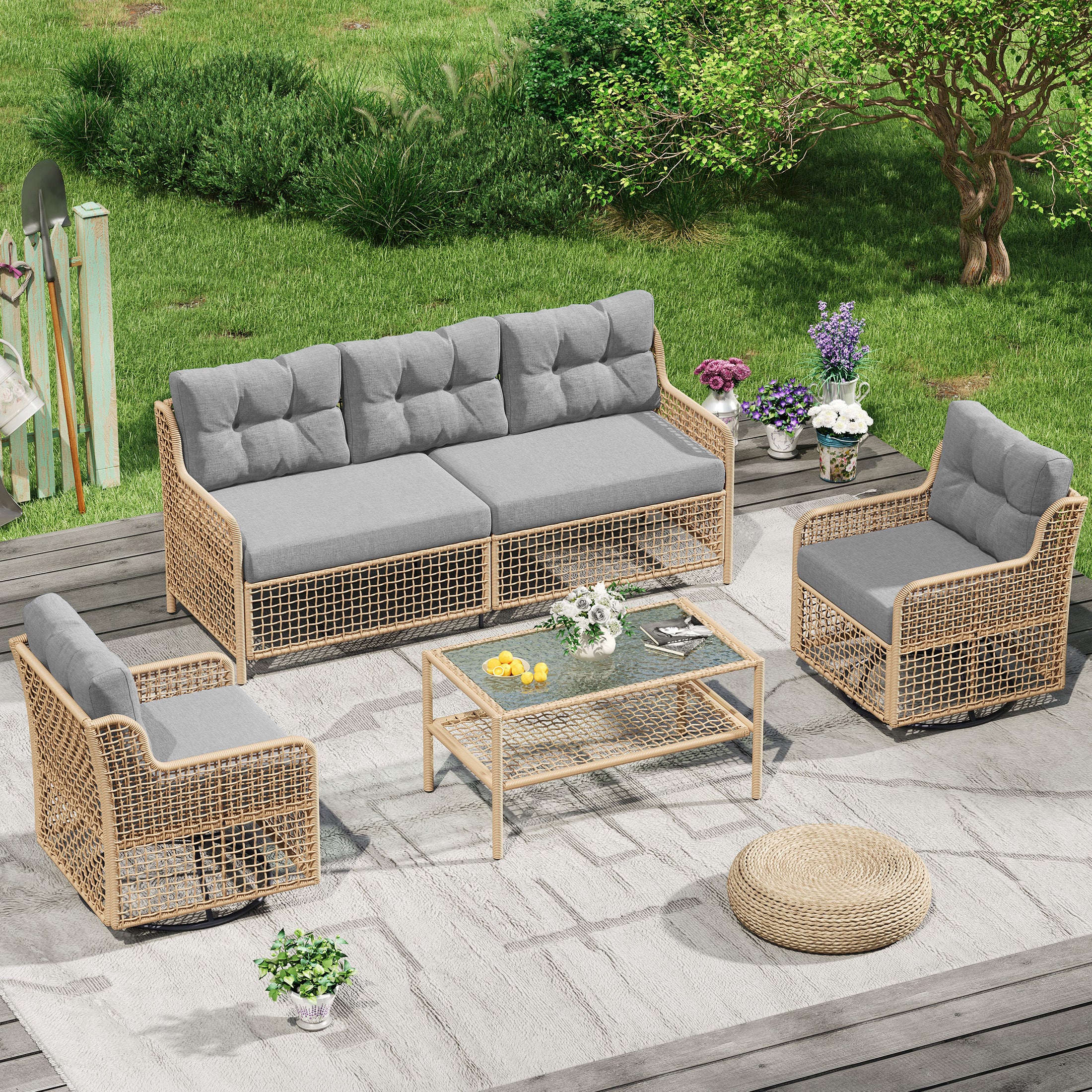 UDPATIO Patio Conversation Set, Rattan Wicker Furniture, 4 Piece Outdoor Sectional Set with Coffee Table & All-Weather Wicker, Grey