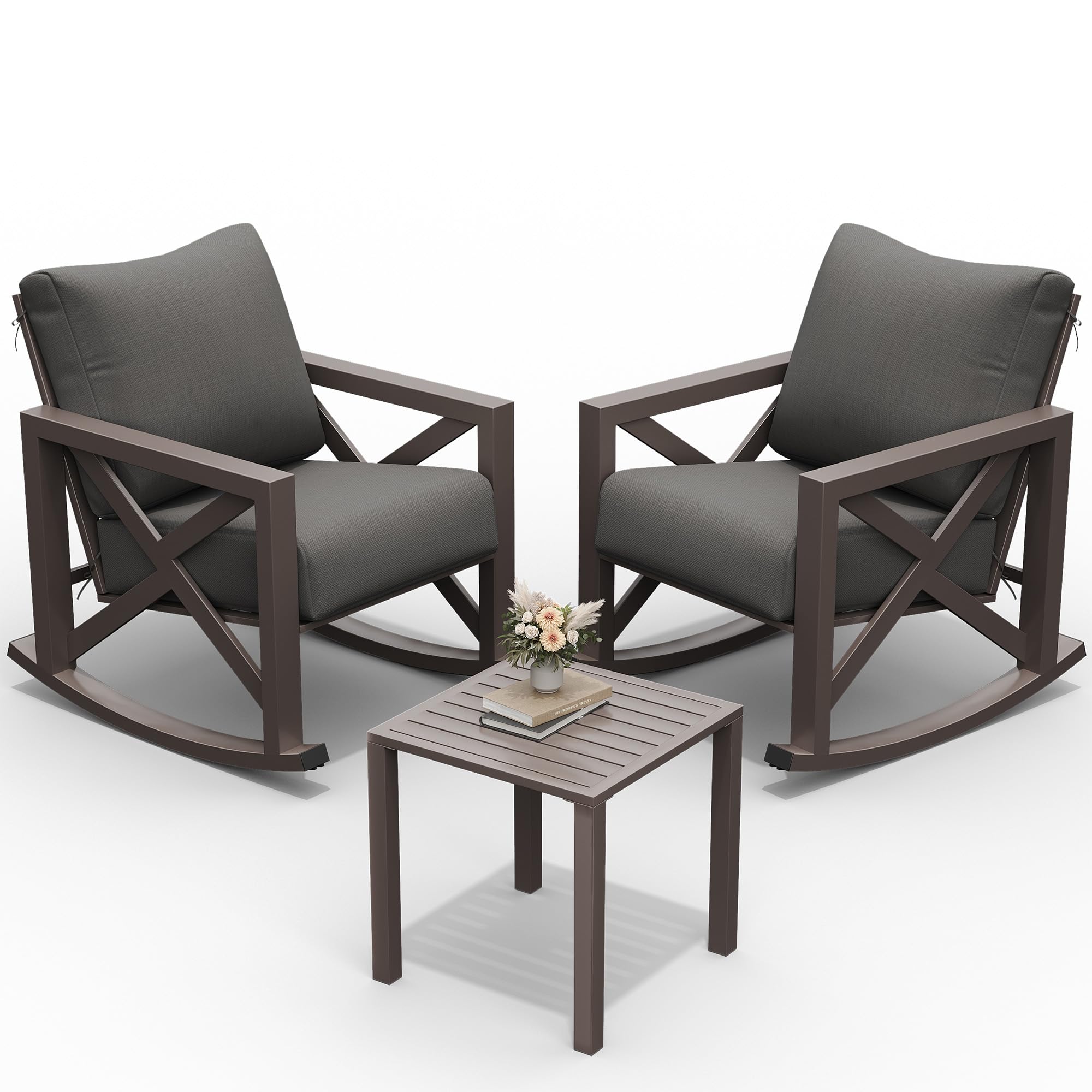 UDPATIO Outdoor Rocking Chair Set 2 with Coffee Table, 3 Piece Metal Patio Furniture Set with 6.5" Water-Resistant Cushions, 350lbs Heavy-Duty, for Porch, Patio, Balcony, Dark Grey
