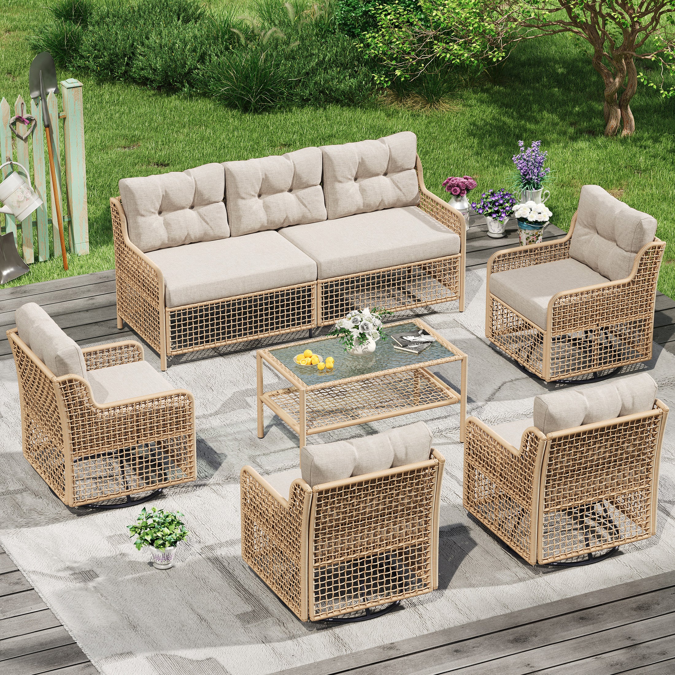 UDPATIO Patio Conversation Set, Rattan Wicker Furniture, 6 Piece Outdoor Sectional Set with Coffee Table & All-Weather Wicker, Beige