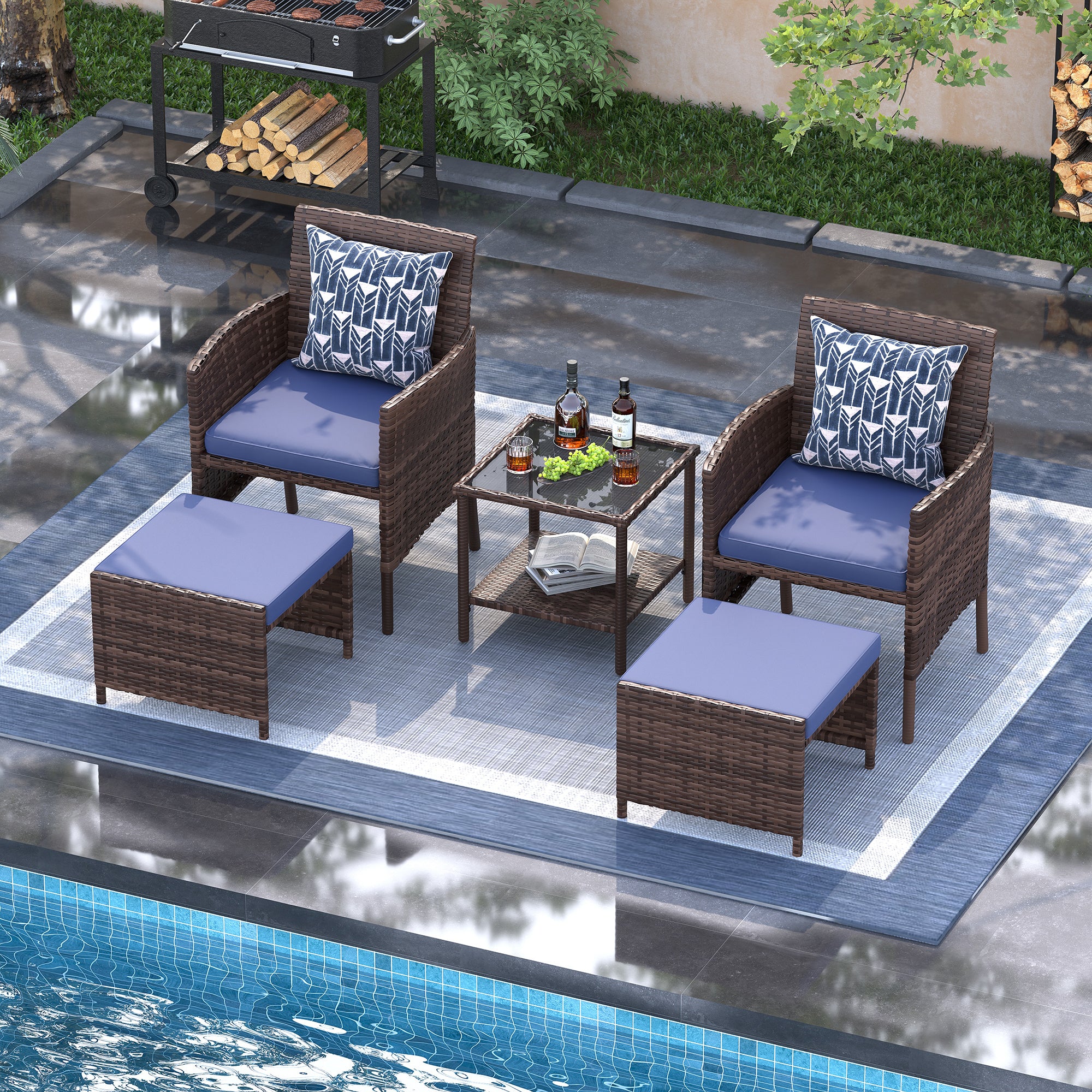 UDPATIO Outdoor Furniture Patio Chairs with Ottoman, Ideal for Balcony, Porch, 5 Piece Patio Furniture Set with Side Table for Deck, Apartment